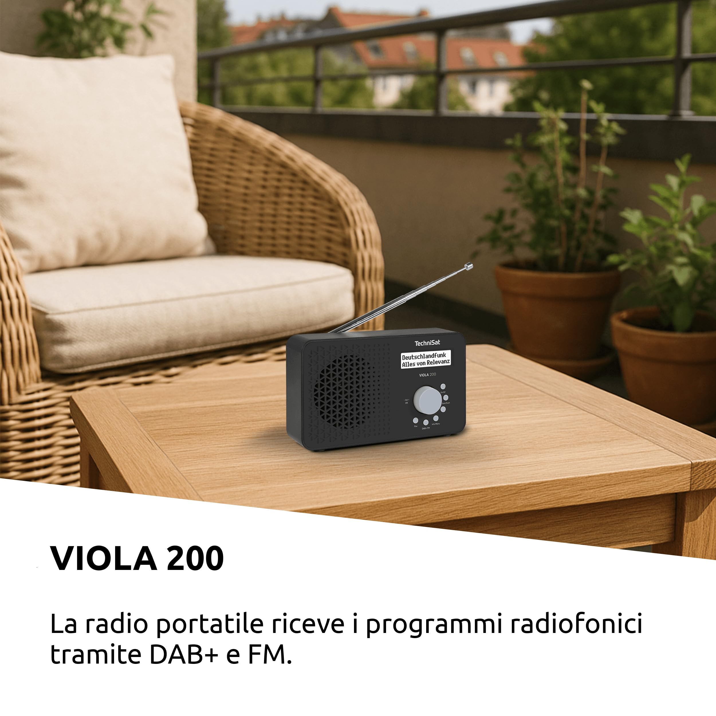TechniSat VIOLA 200 - Radio portatile DAB+/FM (con display LCD, antenna telescopica, memoria preferiti, presa per cuffie, alimentazione a rete e a batteria, altoparlante mono, RDS, PLL) nero