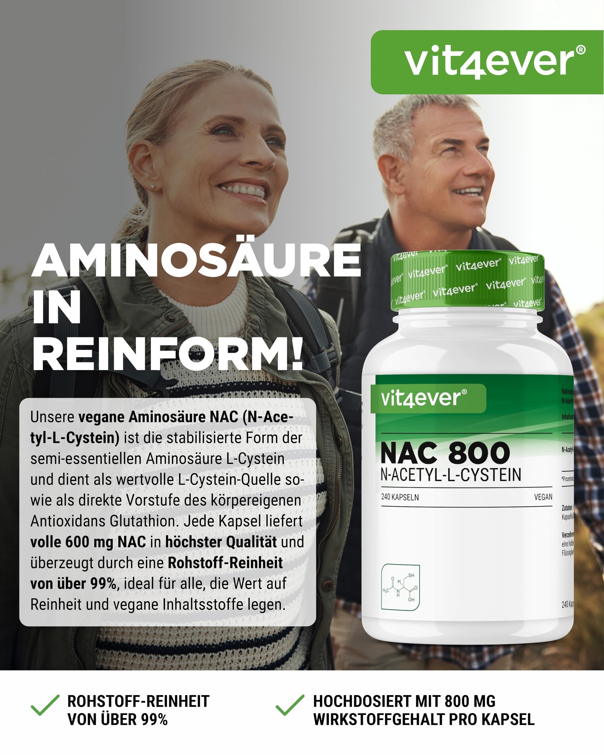 vit4ever NAC - N-Acetyl L-Cystein - 240 Kapseln je 800 mg | 800 mg pro Kapsel, 8 Monatsvorrat, natürliche & pflanzliche Form, Premium Qualität mit über 99% Reinheit, Hochdosiert, Vegan