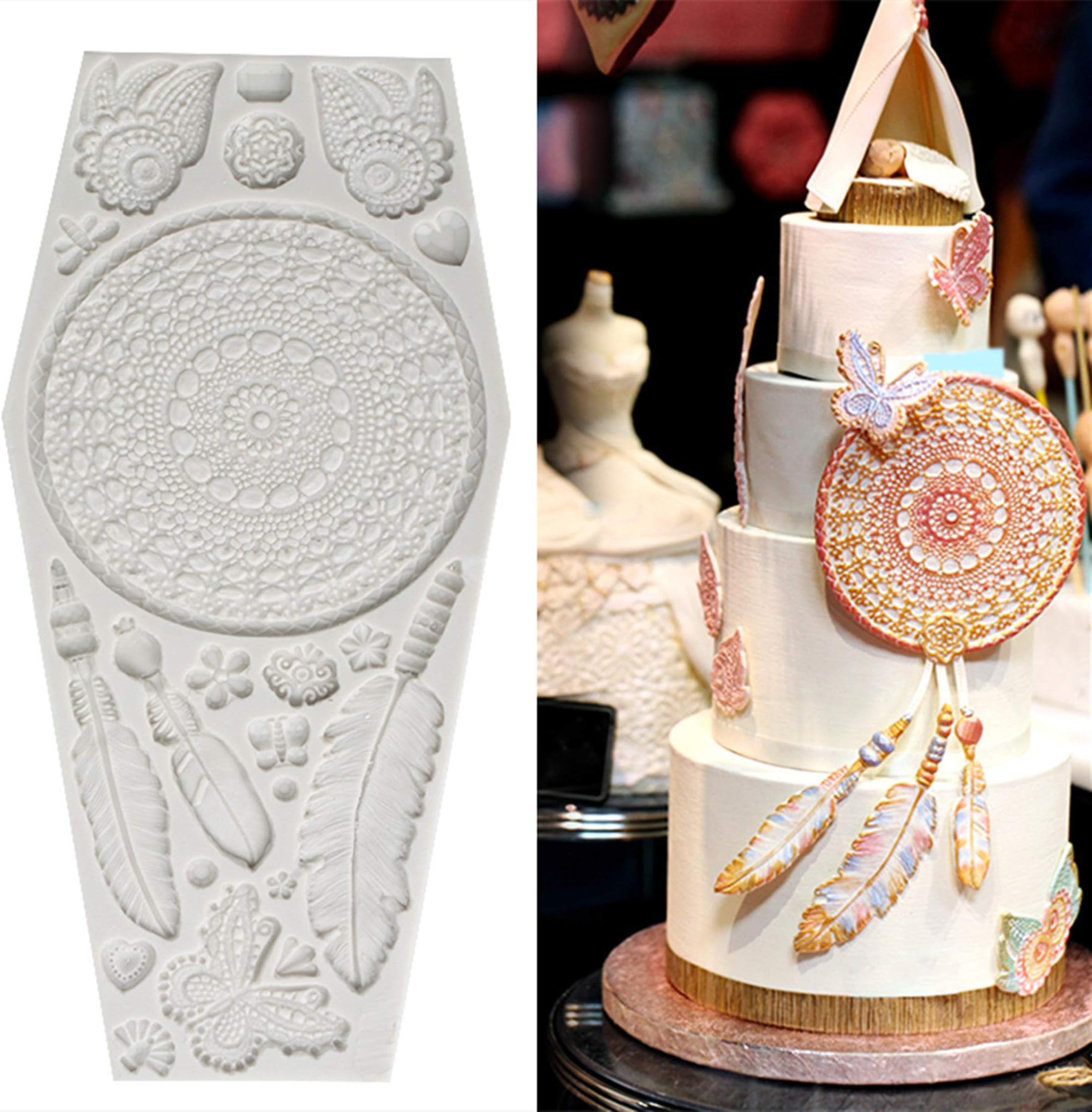 Wootkey Dream Catcher Butterfly Fondant Silicone Mold for Sugarcraft, Cake Border Decoration, Cupcake Topper, Polymer Clay, Crafting Moulds