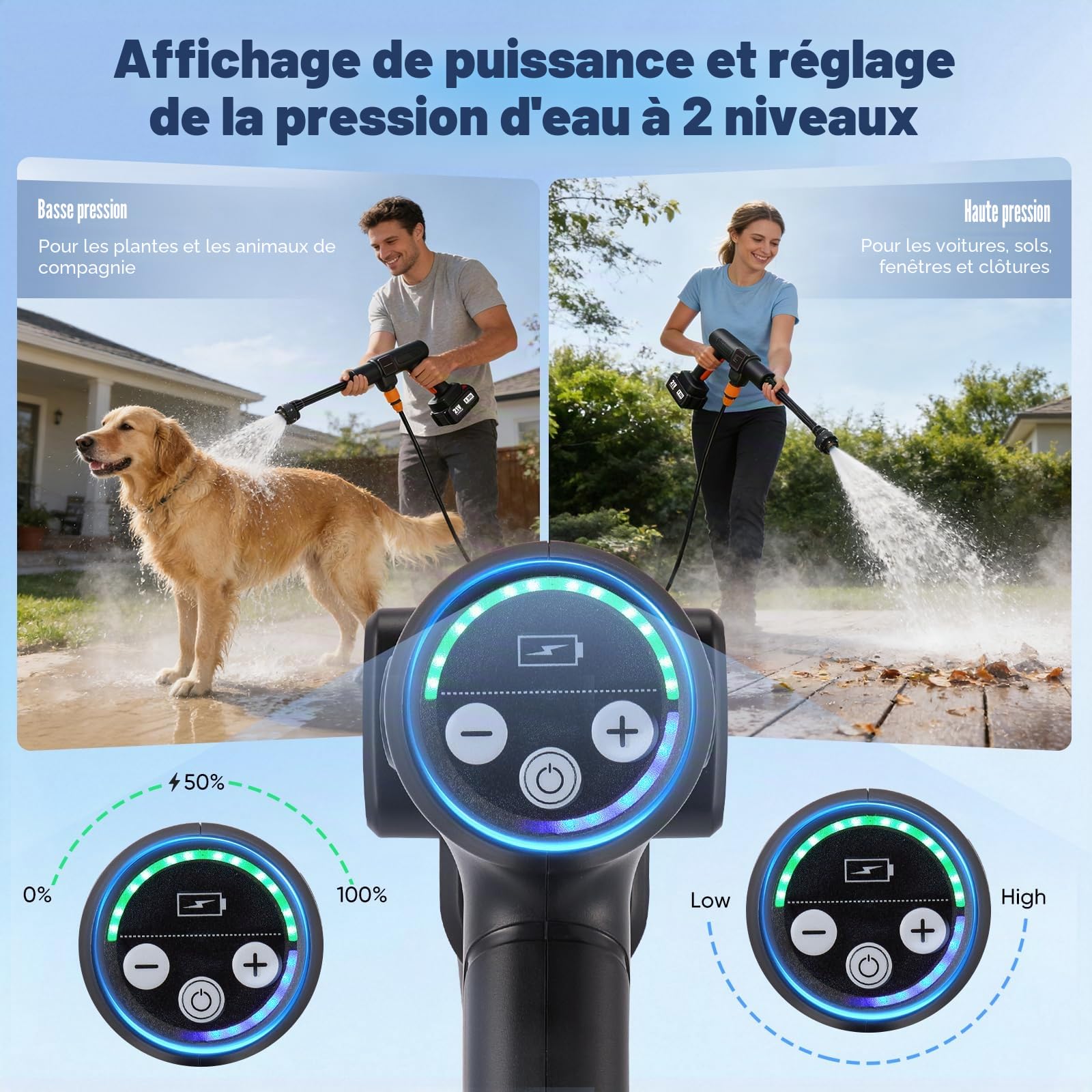 Nettoyeur Haute Pression sans Fil, 83 Bars, Portable, avec 2 Batteries de 4000 mAh, buse réglable 6 en 1, Nettoyage Ultra-Puissant, Tuyau de 8.5M pour Le Nettoyage de la Voiture et du Jardin