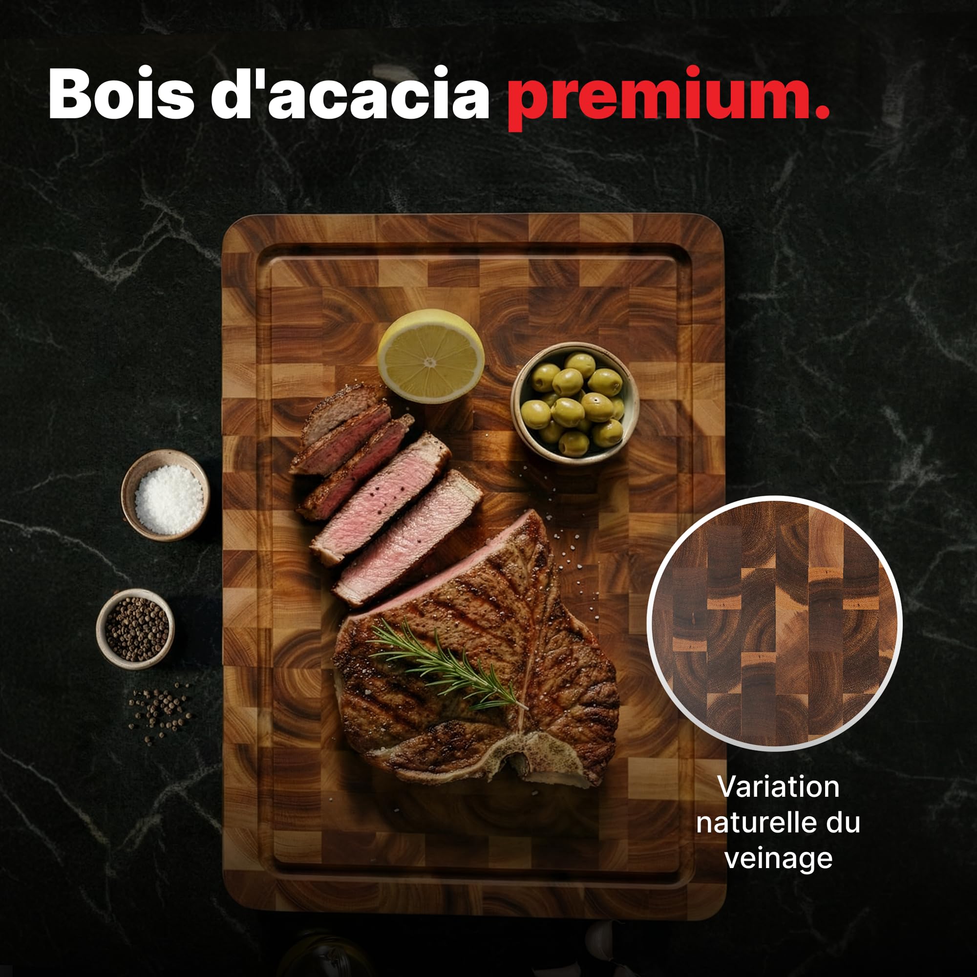 Matakumi Planche à Découper Bois - Planche de Cuisine en Bois d’Acacia avec Poignées Latérales, Rigole à Jus et Bois de Bout pour Préserver les Lames de Couteaux - Double Face (40 x 30 x 3 cm)