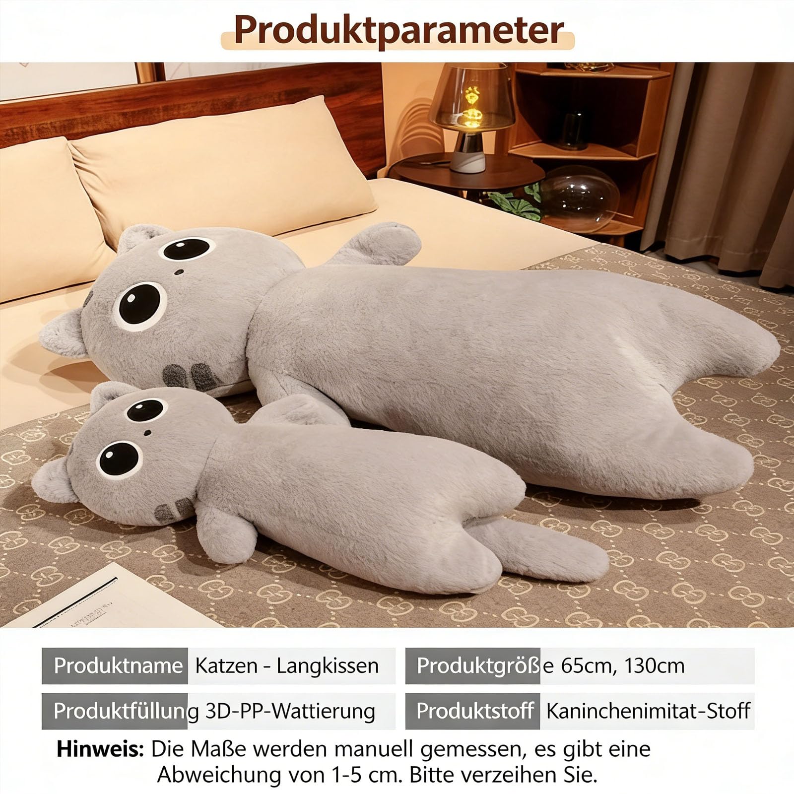Lange Katze Kuscheltier, Katzen Plüsch Kissen, Süße Kätzchen Plüschtier, Niedlich Stofftier Spielzeug zum Spielen & Kuscheln, Plüschkatze Spielzeug Puppe Geschenk für Kinder Freundin (130cm,Beige)
