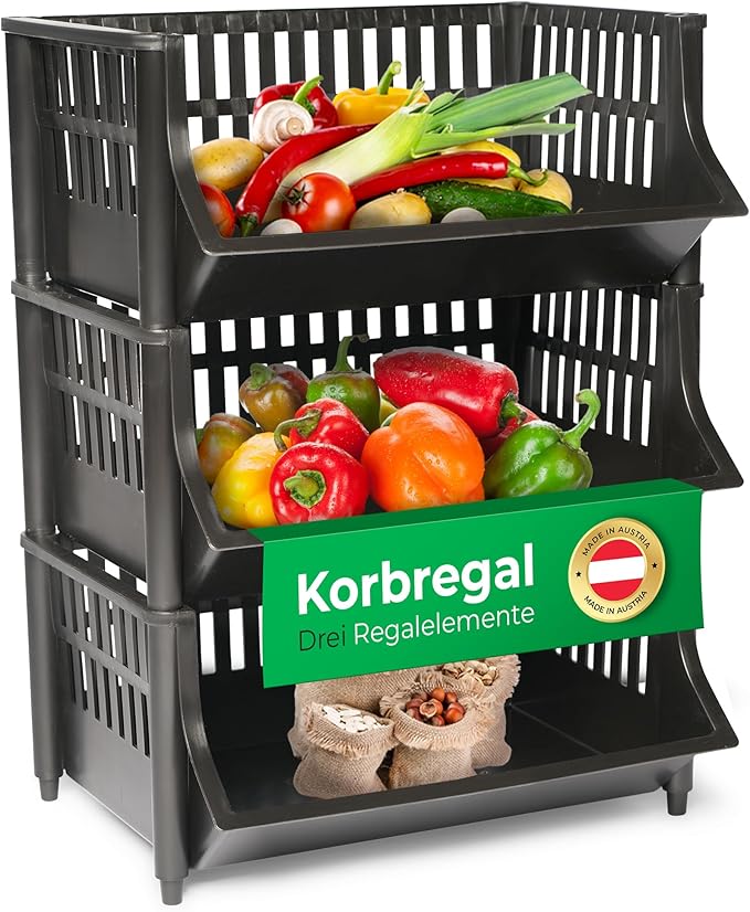 Novaliv 3 Stück Korbregal Schwarz Steckregal Stapelbar & Erweiterbar, Regale für Vorratsraum, Lebensmittelregal, Obstregal Keller Aufbewahrungssystem, Apfelregal, Stapelkorb, Stapelregal Kunststoff