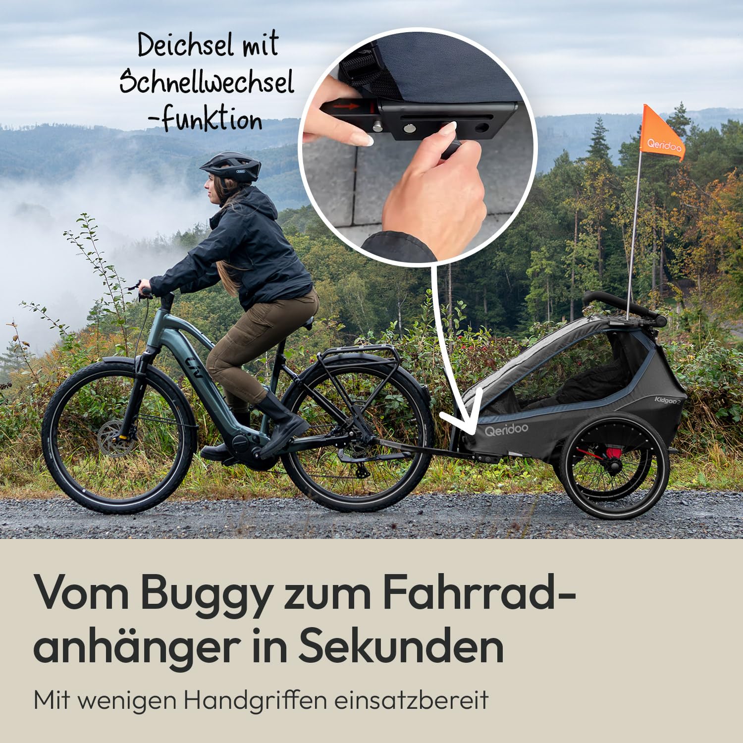 Qeridoo Rimorchio per bicicletta Kidgoo 2 blu navy con sistema di cinture a 5 punti e Easy ARS, pieghevole, con ruota girevole a 360 gradi e protezioni per la testa brevettate, per 2 bambini!