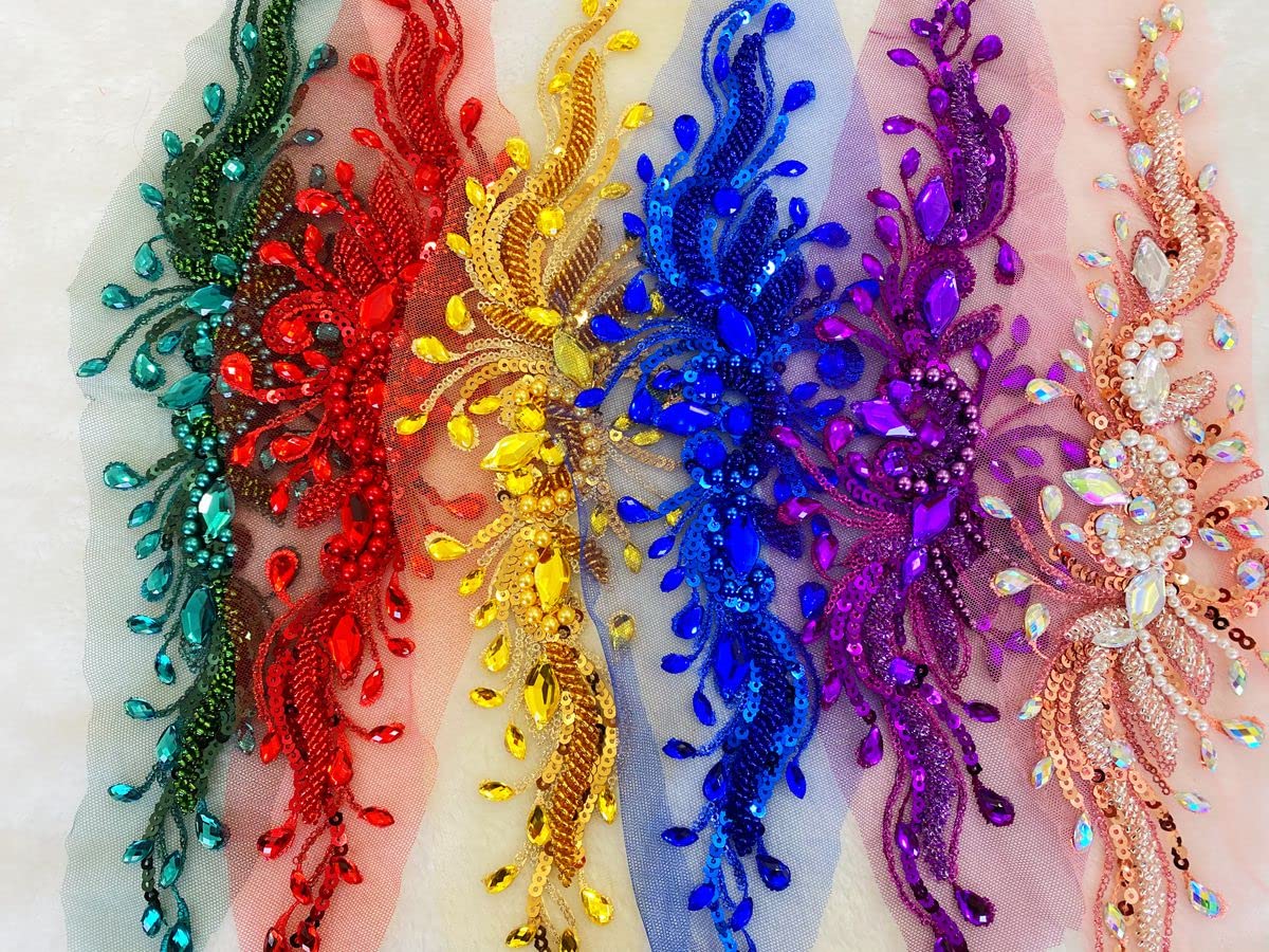 Applicazioni In Pizzo Con Perline E Strass Arancioni Per Abiti - 2 Pezzi (15x43 Cm / 44x11 Cm) - 5