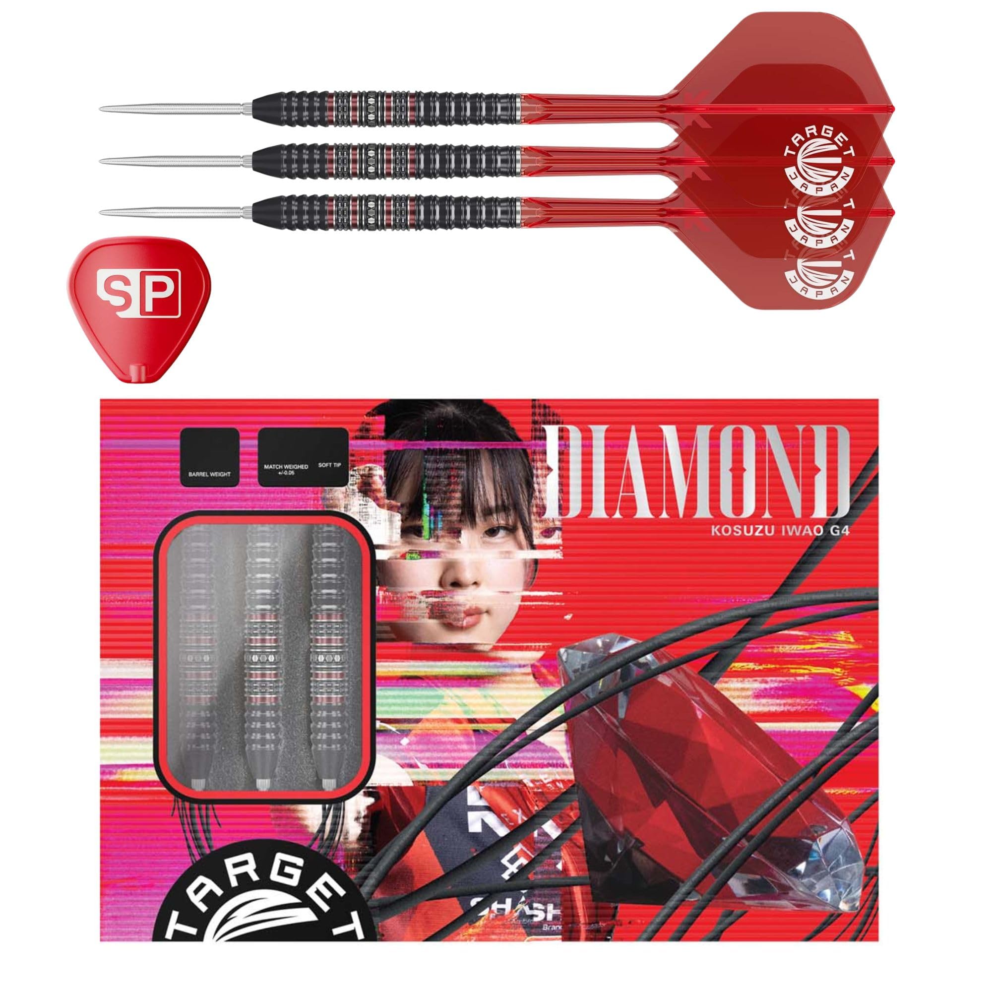 Target Japan Diamond G4 Steel Tip Darts with Kflex, 24G | 90% Tungsten Darts Set, K-Flex Flights and Shafts No.2, Nano Swiss Point Tips, Kosuzu Iwao Gen 4