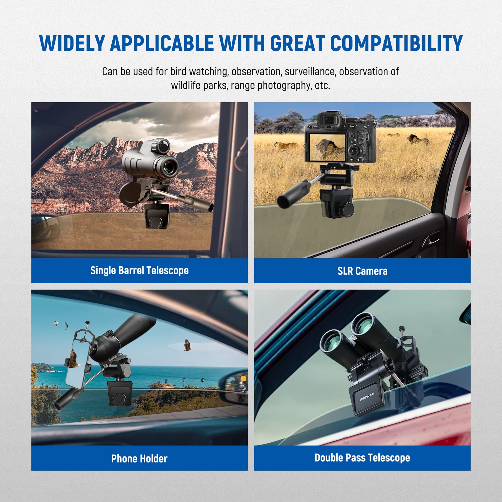 NEEWER Supporto per Finestrino Auto con Maniglia per Spotting Scope, Resistente per DSLR Telescopi, Rotazione a 360° Inclinazione a 120° per Osservazione di Fauna Selvaltica, Bird Watching, Scoutismo