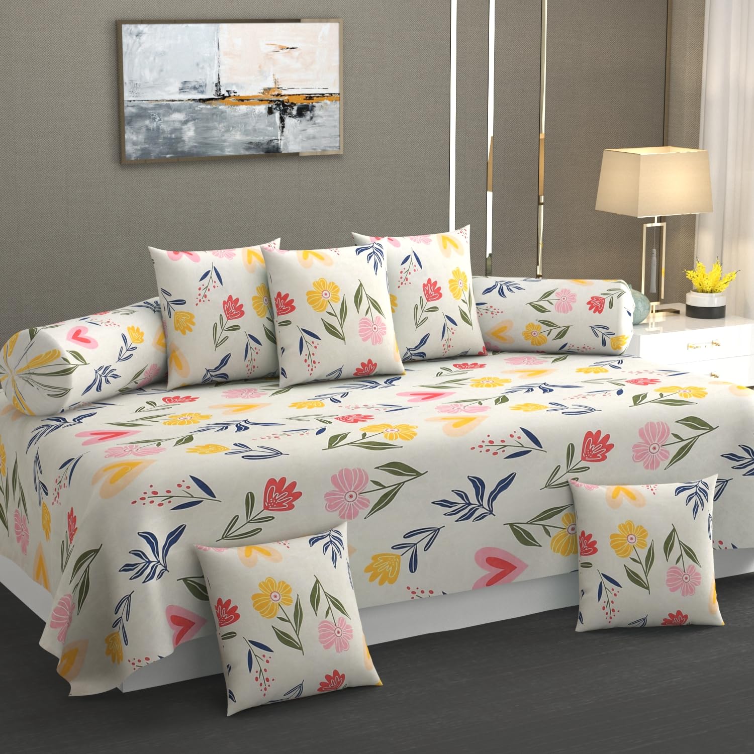 Floral Diwan Cover Set - Glace Cotton, Multicolor -5