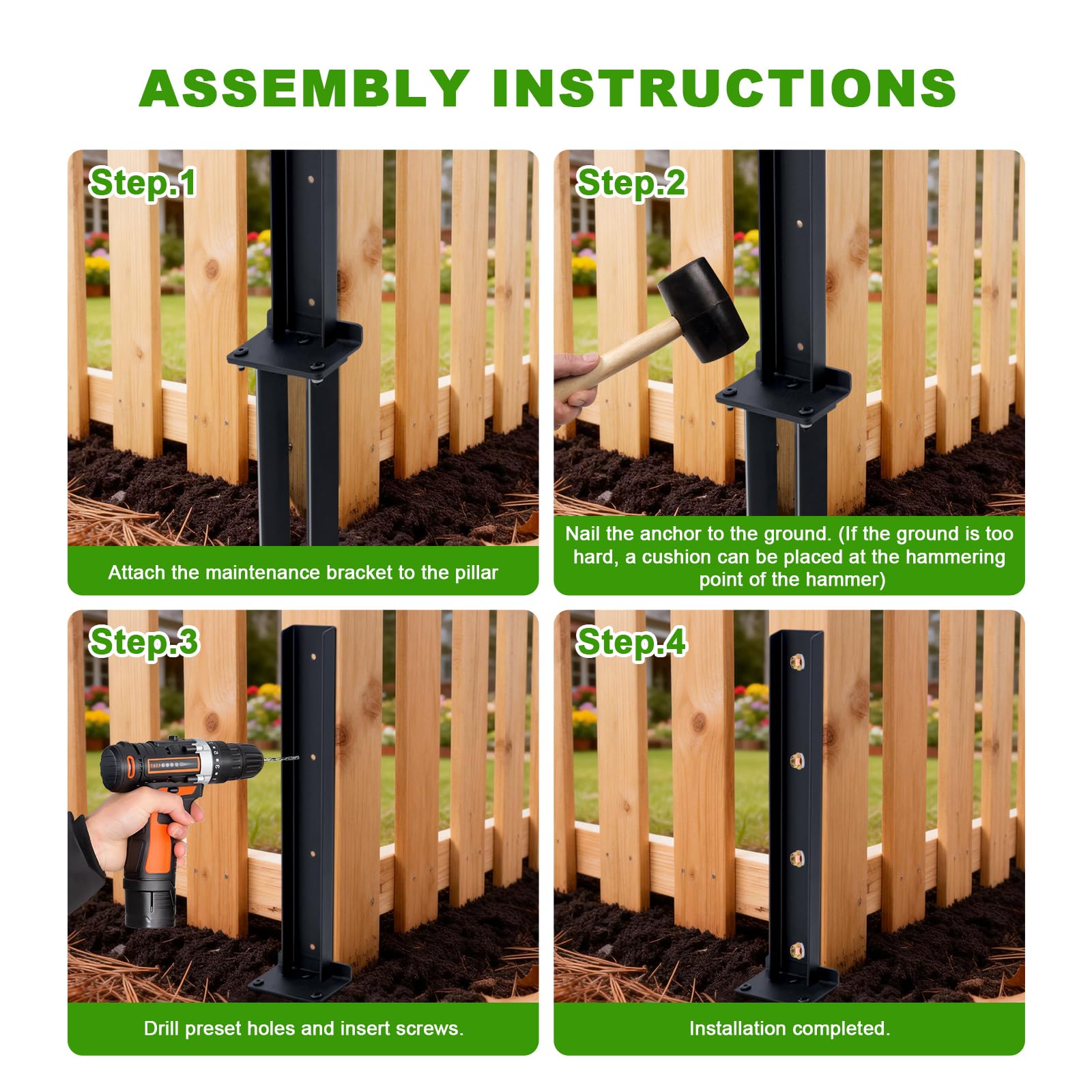 Estacas de reparación de postes de valla de acero resistente, estacas de anclaje para postes de madera, postes inclinados/rotos (paquete de 4/negro)