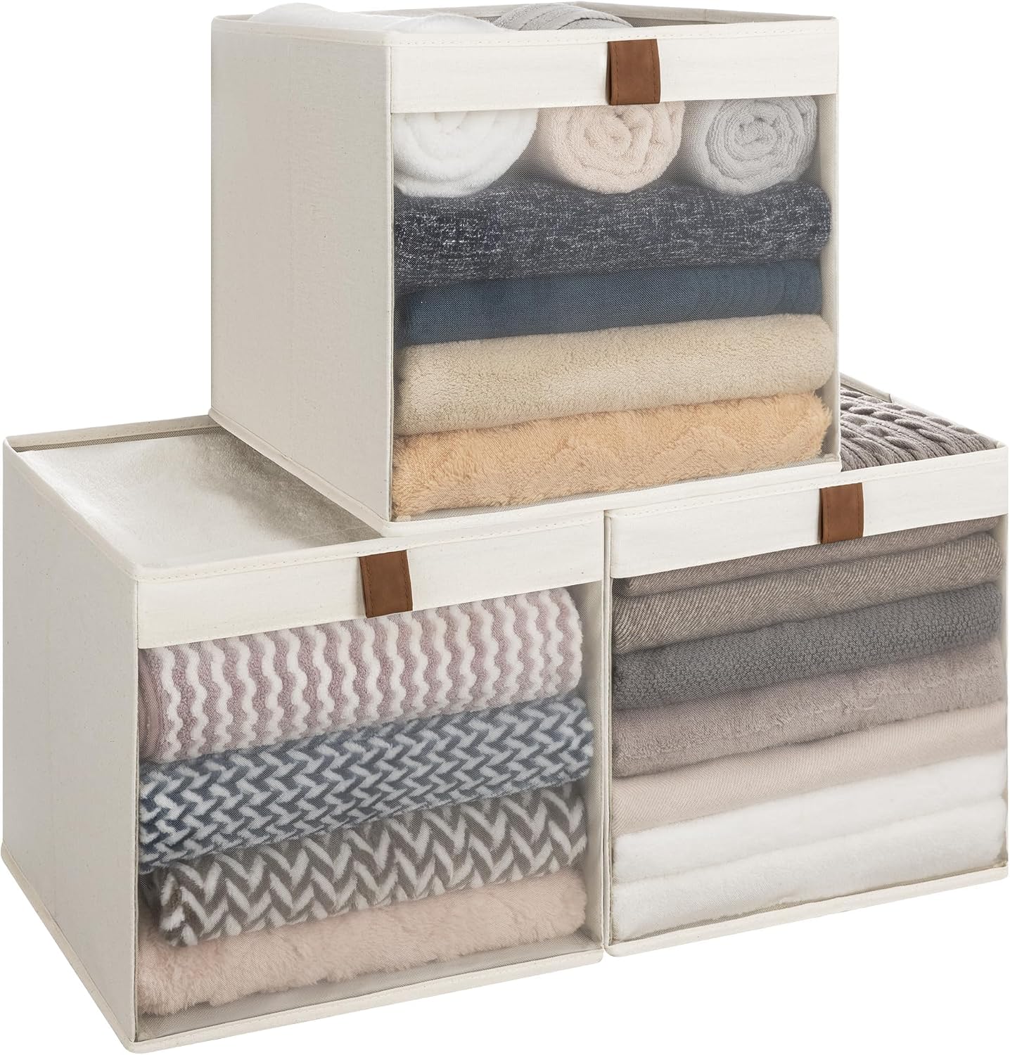 StorageWorks 13x13 Cube Storage Bins with Clear Window, Beige, 3-Pack