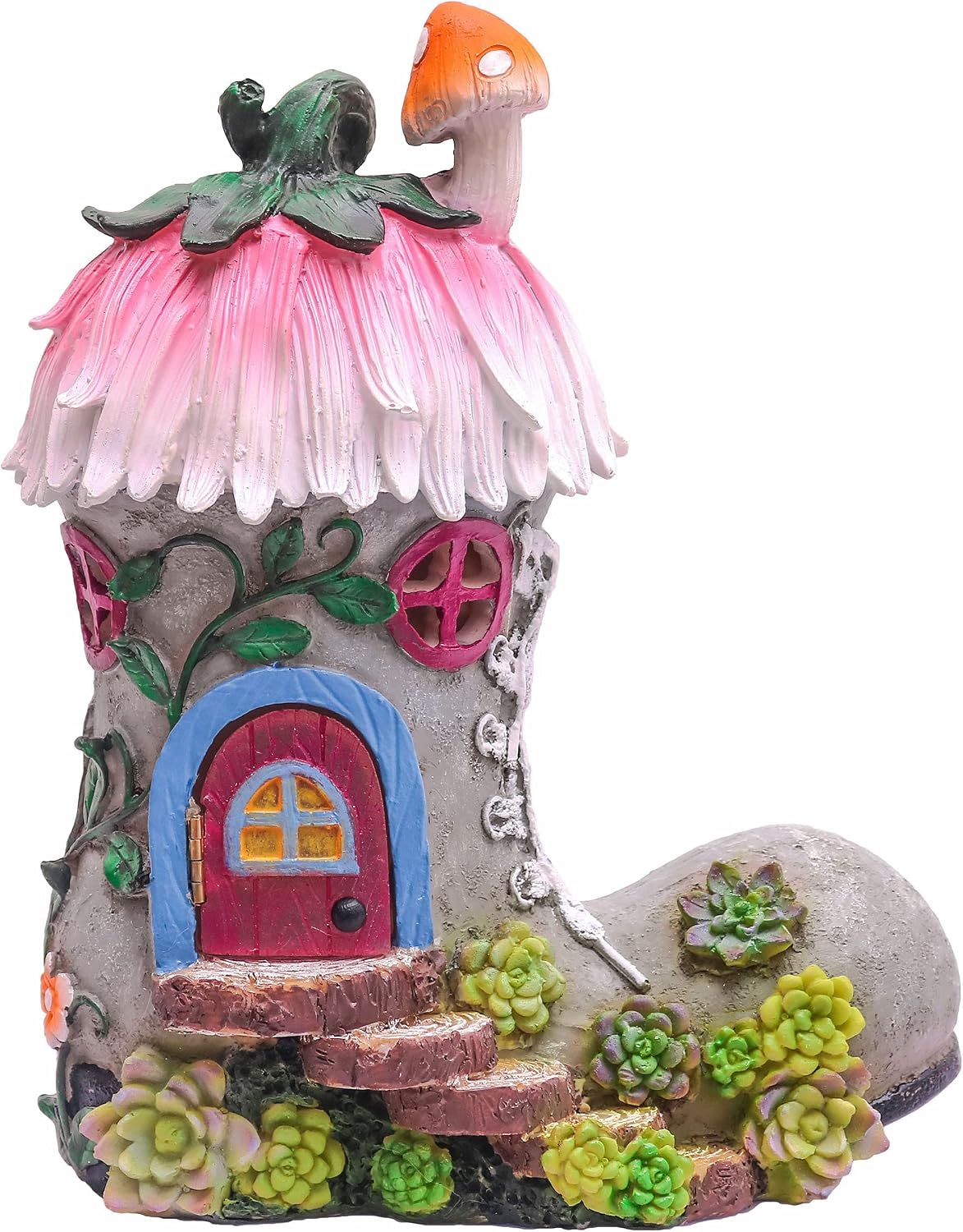 TERESA'S COLLECTIONS Boot Fairy House Garden Statues with Solar Light, Door Can Open Resin Fairy Garden Accessories Outdoor Cottage Figurines Lawn Ornaments for Outside Patio Yard Decorations, 8.8"