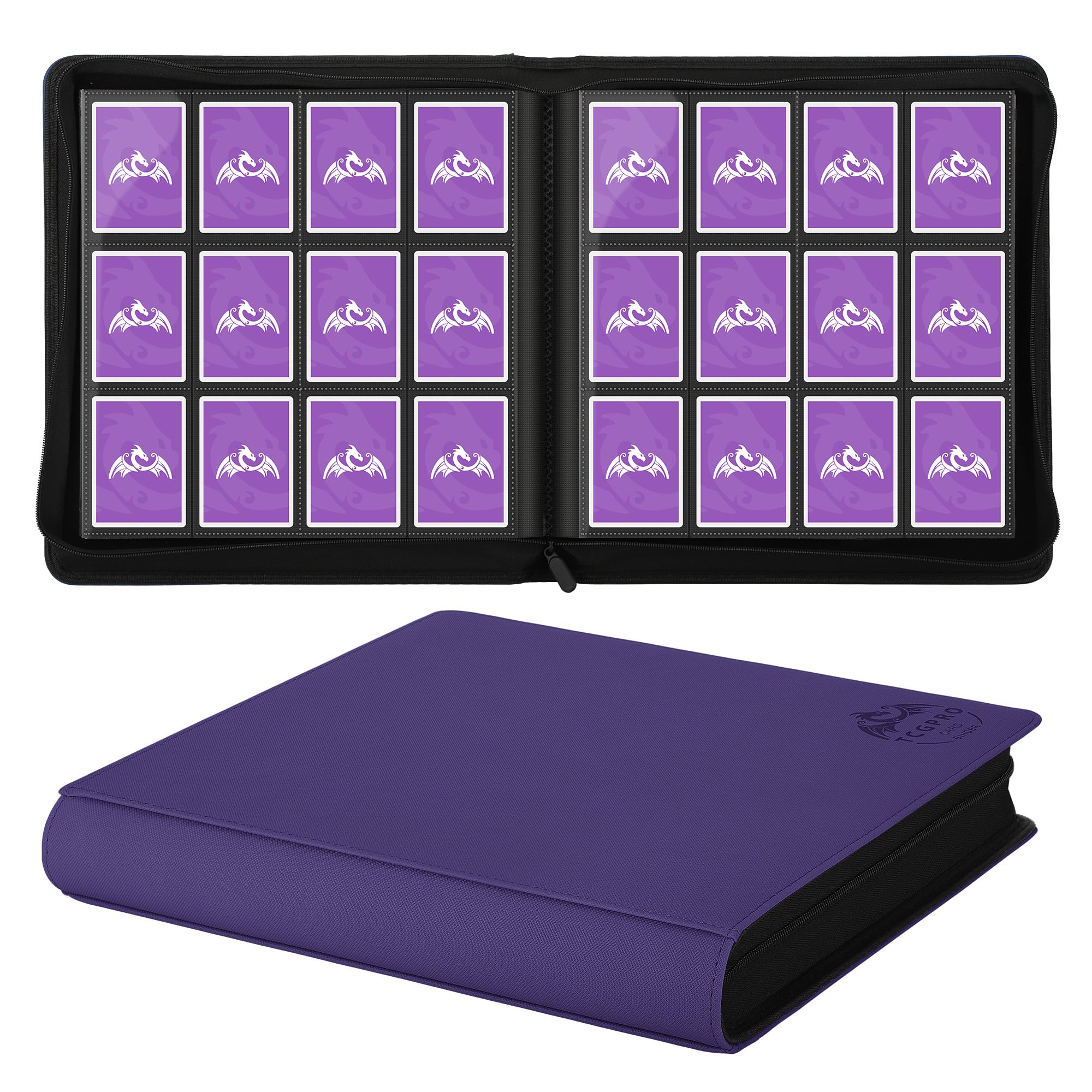 TCGPRO Sammelkarten Album 12 Fächer für bis zu 720, Karten Binder mit Reißverschluss seitlich für Standardgröße, Sammelkartenalbum für Sammelkartenspiele, Sportkarten, TCG etc. Lila