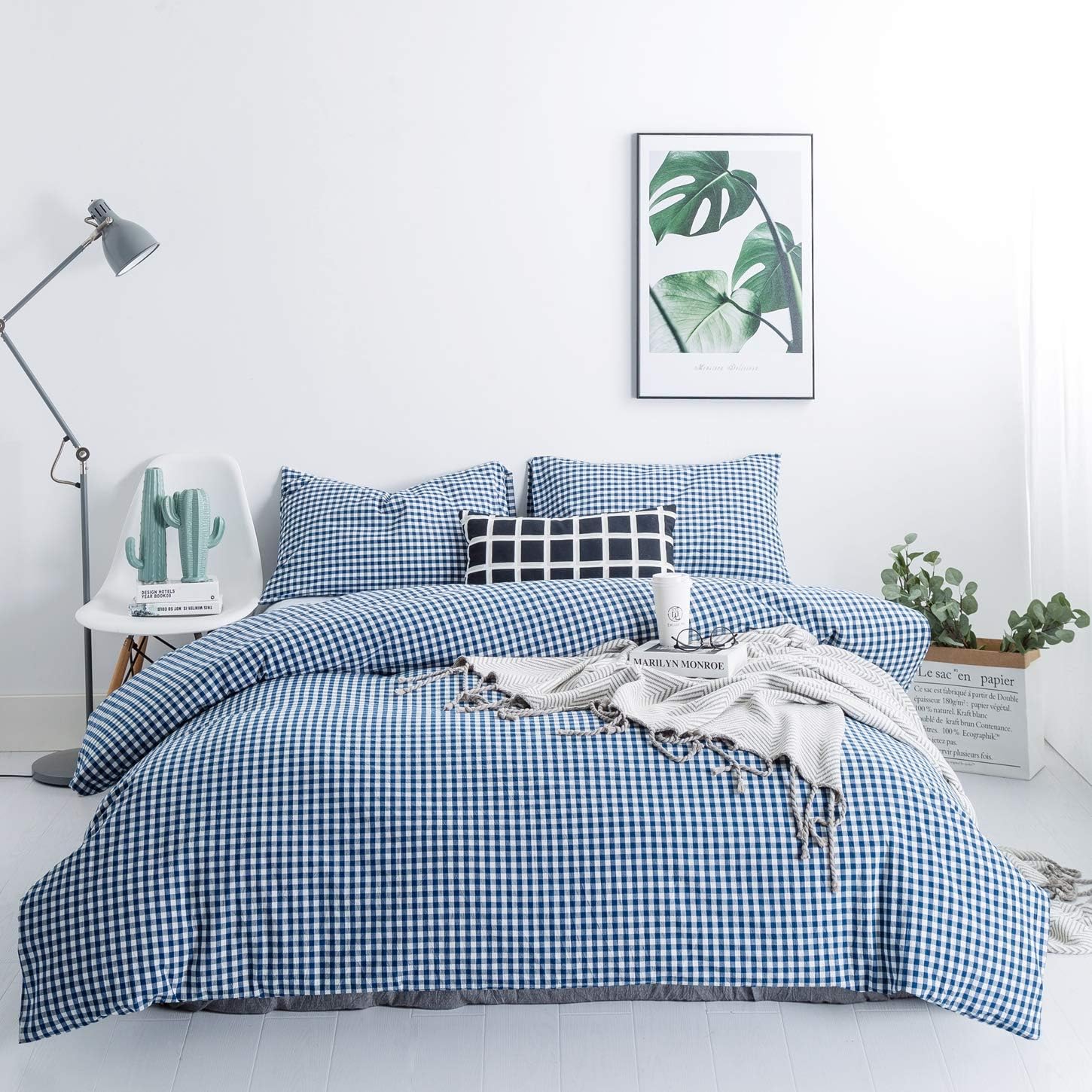 SUSYBAO Royal Blue Gingham Duvet Cover Queen 100 Washed