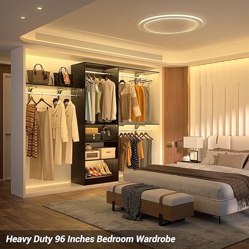 Miniatura 2 de iSunirm Sistema de armario de 8 pies con estantes, sistema organizador de armario de 96 pulgadas con 3 varillas para colgar, montaje en pared,
