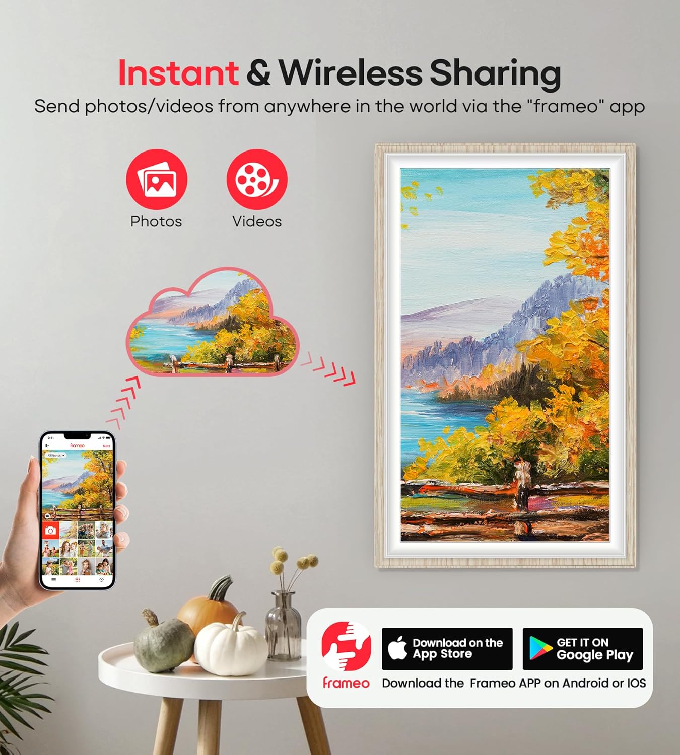 64GB Frameo 15.6" Digital Picture Frame Large 1920 x 1080 IPS FHD Touch Screen WiFi Electronic Photo Frames Share Moments Instantly Anywhere Best Gifts for Parents and Grandparents White Wood 15.6 Inch White Wood