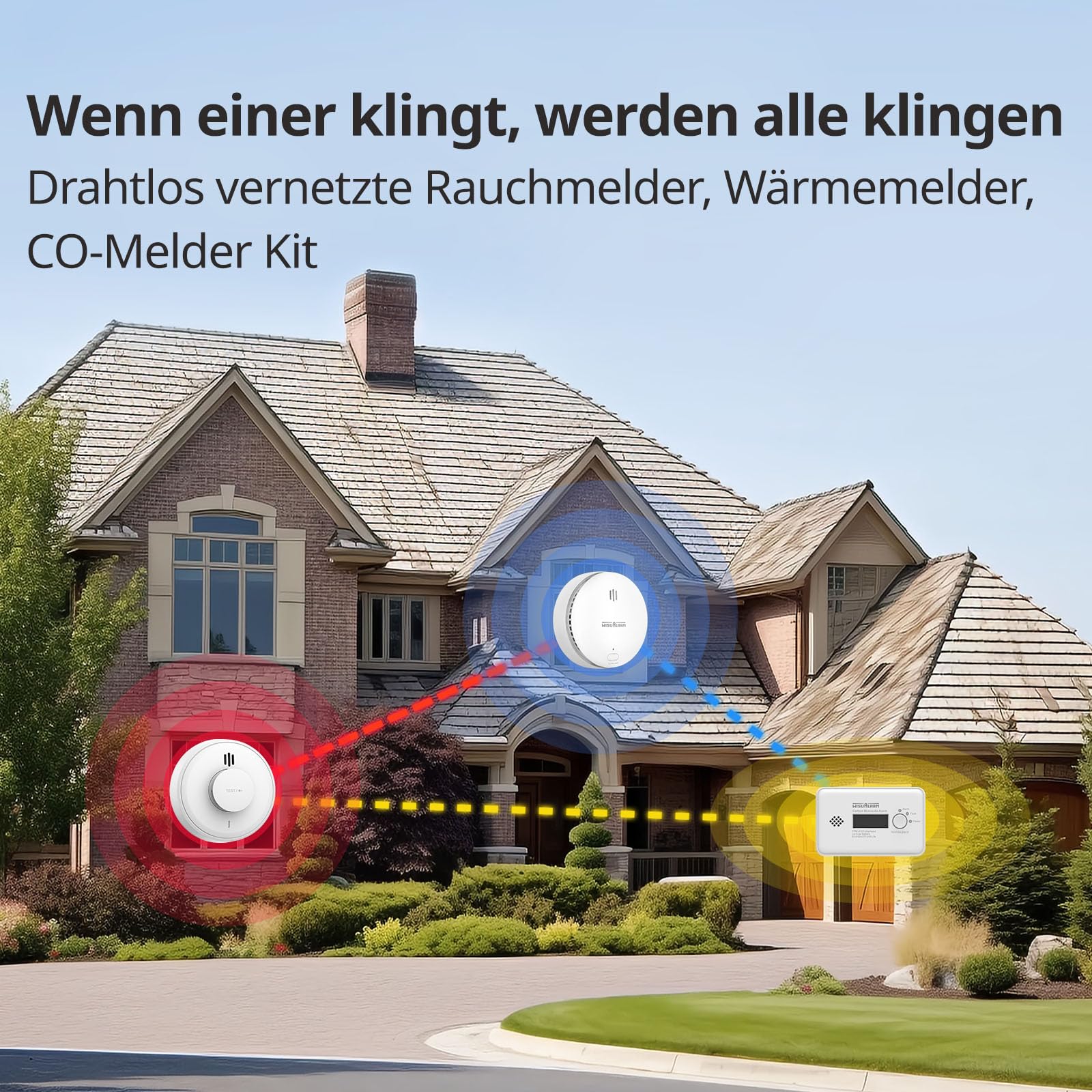 Wisualarm Vernetzter Rauchmelder, Wärme- und Kohlenmonoxid-Alarm-Set, vorverknüpft, konform mit Schottland und England, Fernbedienung (1 Rauchmelder+1 Hitzemelder+1 CO)