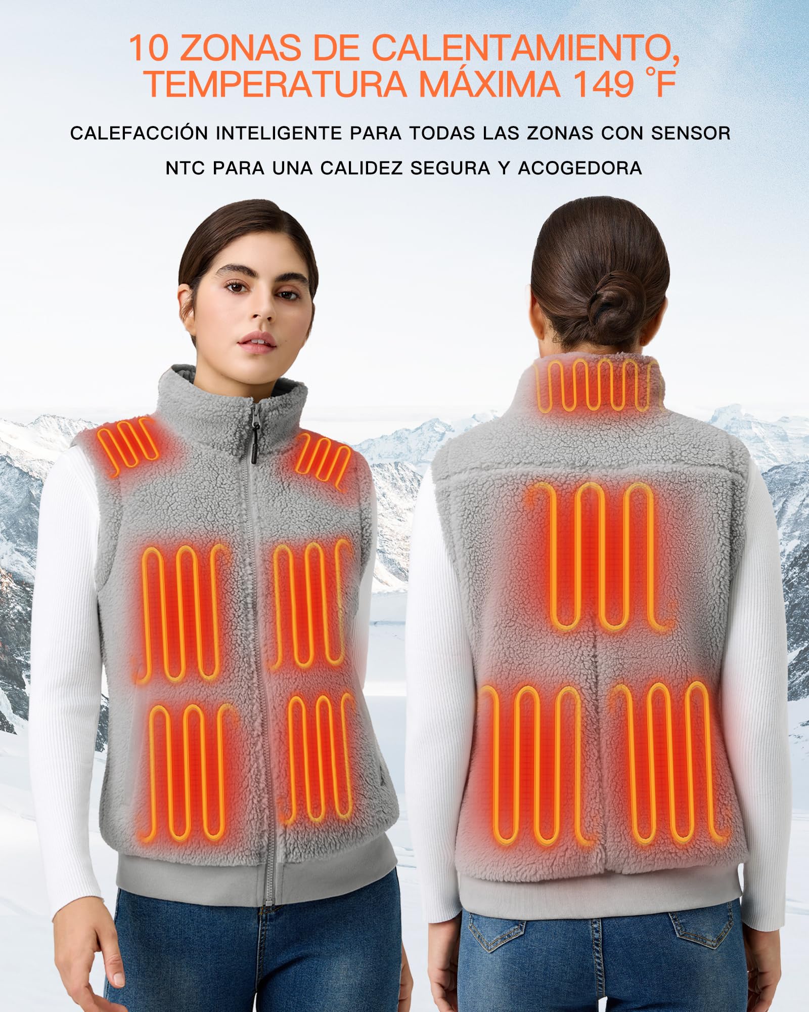 Topdot Lana Chaleco Calefactable Mujer, Chaleco Térmico con Batería de 7.4V 16000mAh,10 Zonas de Calentamiento con 3 Temperaturas,Forro Polar Chaleco Calefactable Eléctrico Ligero
