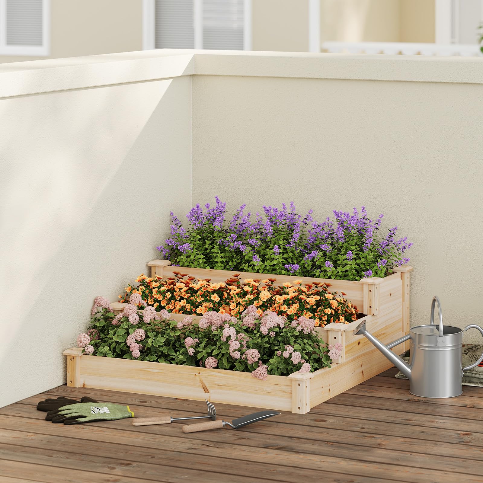 WOLTU Carré Potager à 3 Niveaux, Jardinière Surélevée en Bois, Design en Escalier, avec Fond Ouvert, 92x92x35 cm, pour Terrasse, Balcon, Jardin ou Cour