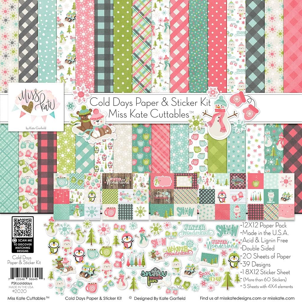 Miss Kate Cuttables Paper & Sticker Kit - Cold Days - Winter - 20 Double-Sided 12x12 Papers with 39 Designs & 1 8X12 Sticker Sheet - Scrapbooking Card Making Crafting
