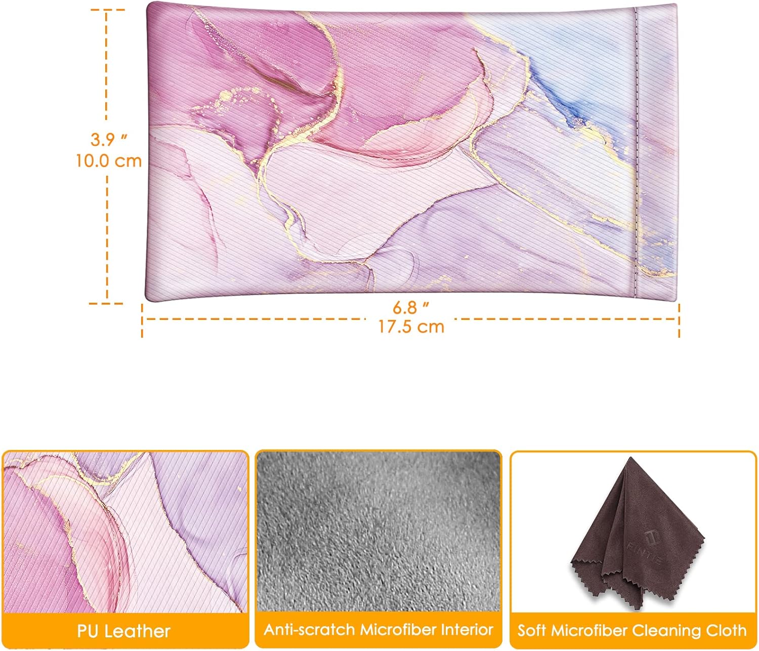 [2 Pack] Fintie Eyeglasses Pouch with Cleaning Cloth, Portable Squeeze Top Leather Glasses Case Sunglasses Bag, Glittering Marble + Lilac Marble - Image 2