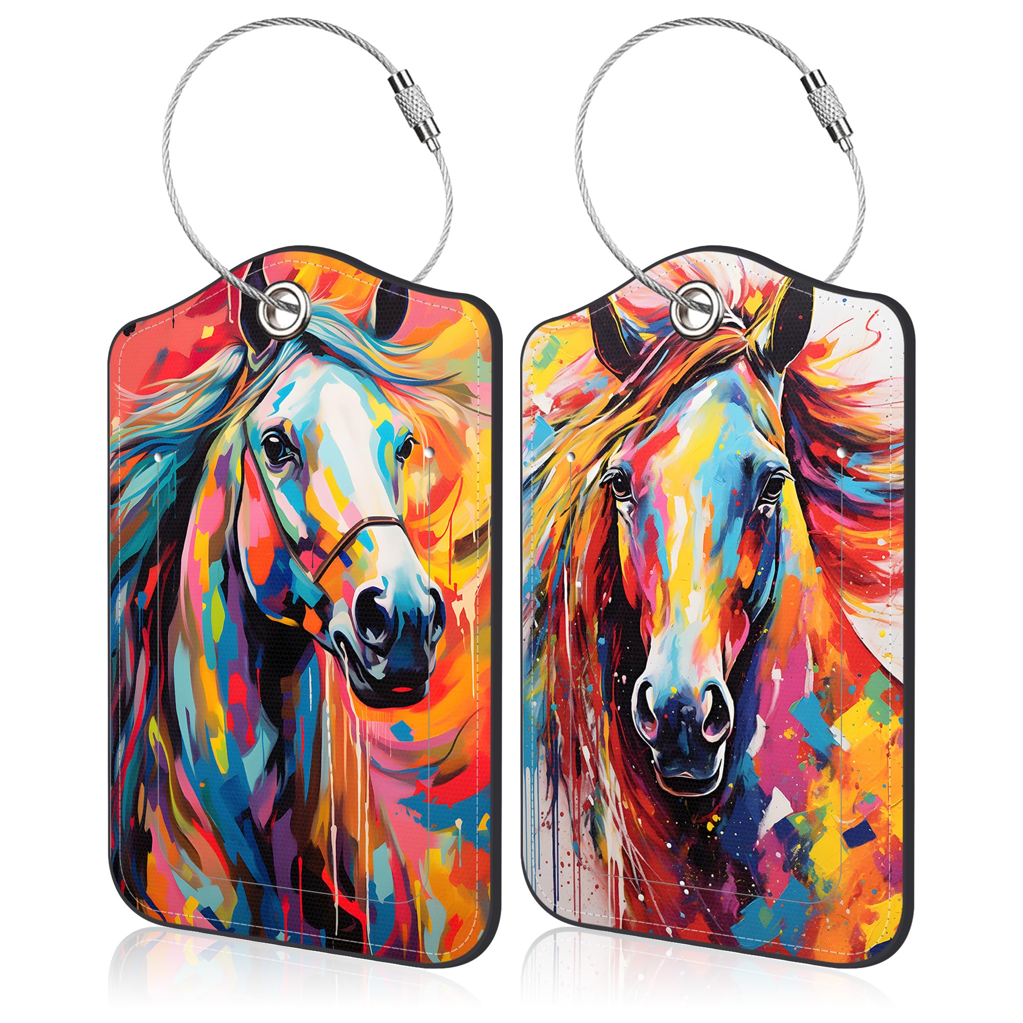 Mazumbuy Set of 2 Luggage Tags for Suitcase Abstract Horse Leather Baggage Tags Set with Stainless Steel Loop Name Address Labels Privacy Cover for