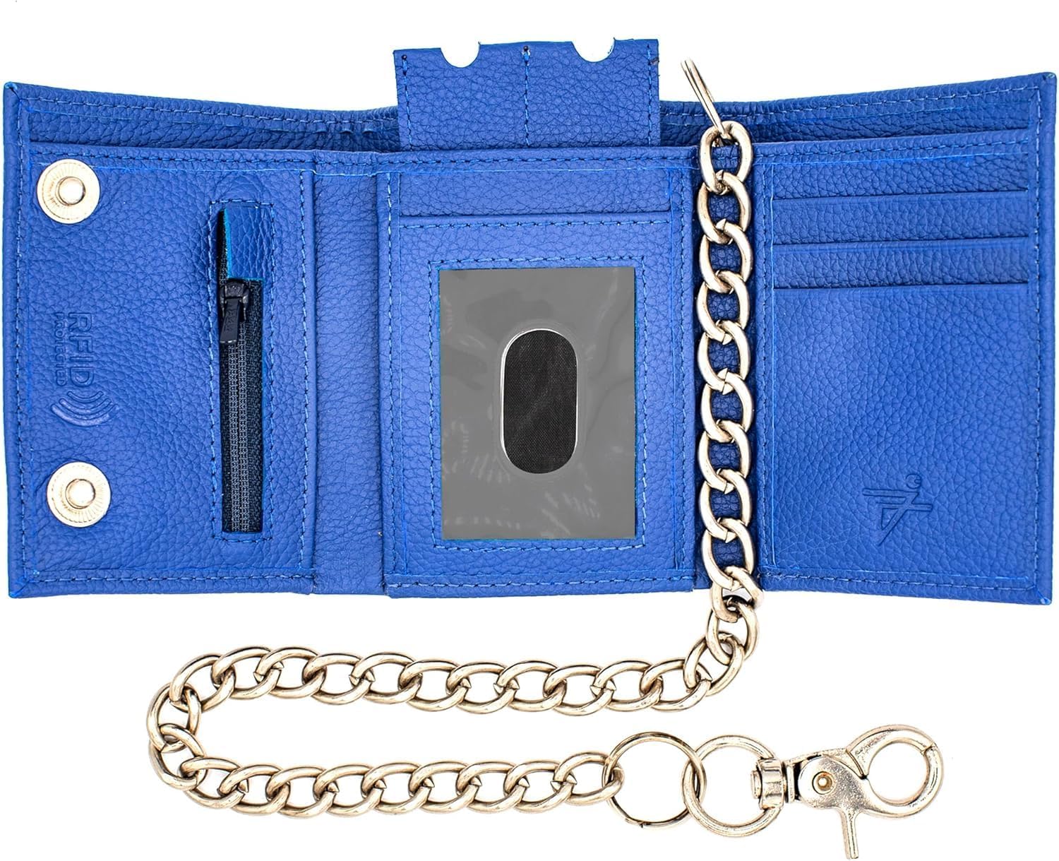 Men's RFID Blocking Cowhide Leather Chain Trifold Biker Wallet (Blue - J110)
