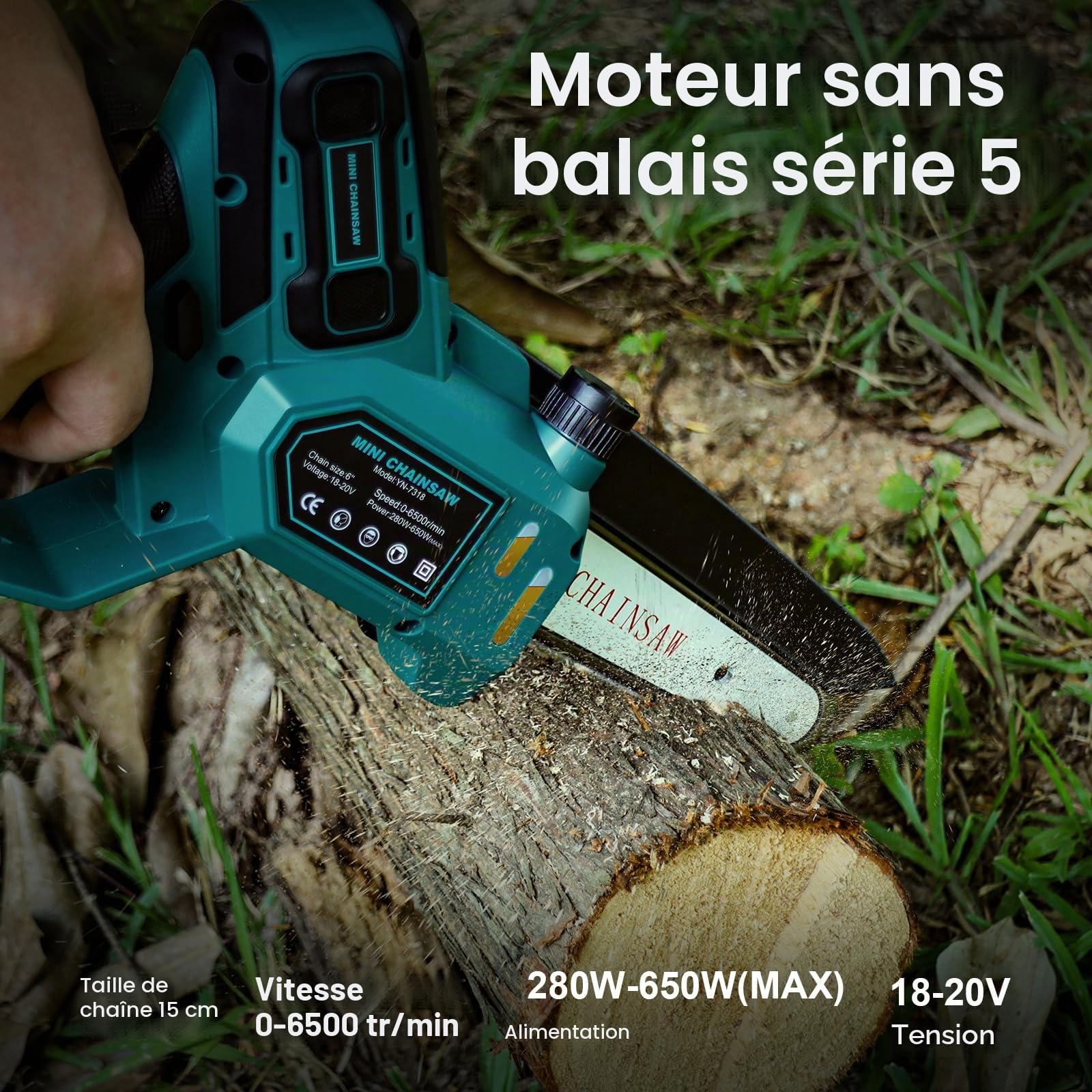 Mini tronçonneuse 15 cm compatible batterie Makita 18V, tronçonneuse élagueuse brushless avec lubrification automatique pour coupe du bois et jardin (sans batterie ni huile de chaîne)