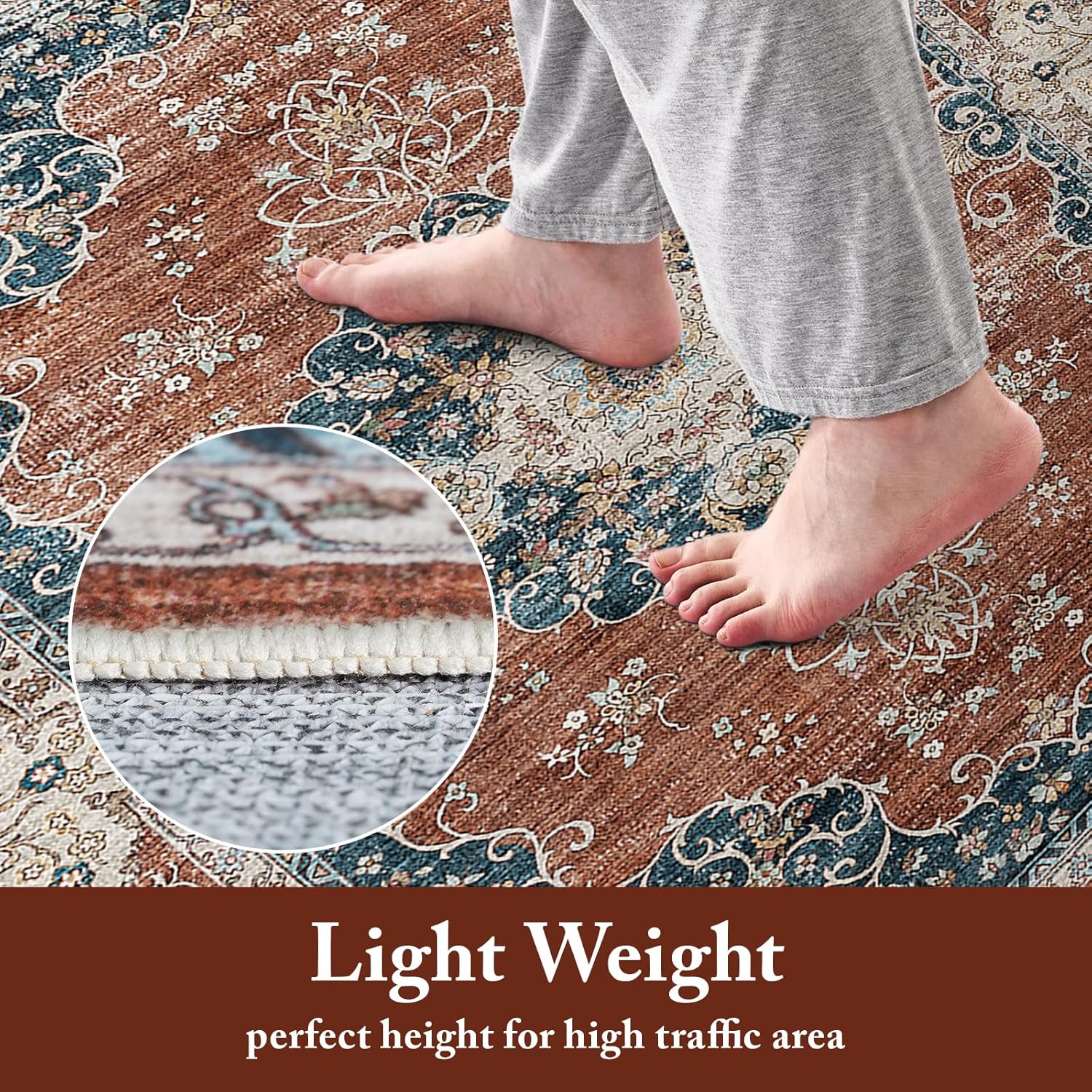 2x6 Washable Hallway Runner Rug:Oriental Indoor Kitchen Rugs Vintage Door Mat Non Slip with Rubber Backing Low Pile Thin Carpet for Bedroom Bathroom Living Room Bedside (2x6 Brick/Blue)