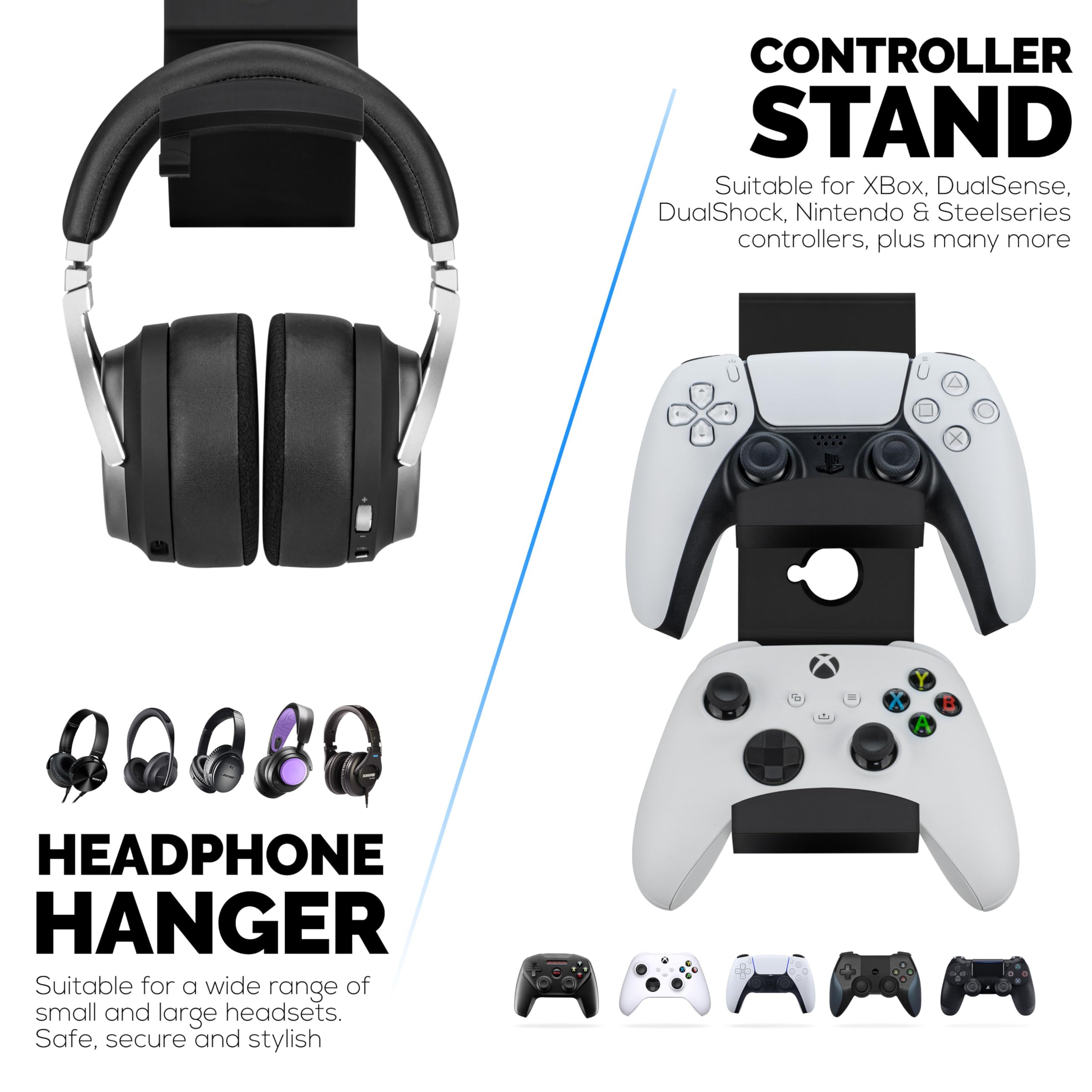 BRAINWAVZ The Grebe - Headphone & Dual Game Controller Holder - Attaches to Side of Desk, Under Desk Headset Holder, Suitable for All Headphones & Gamepads