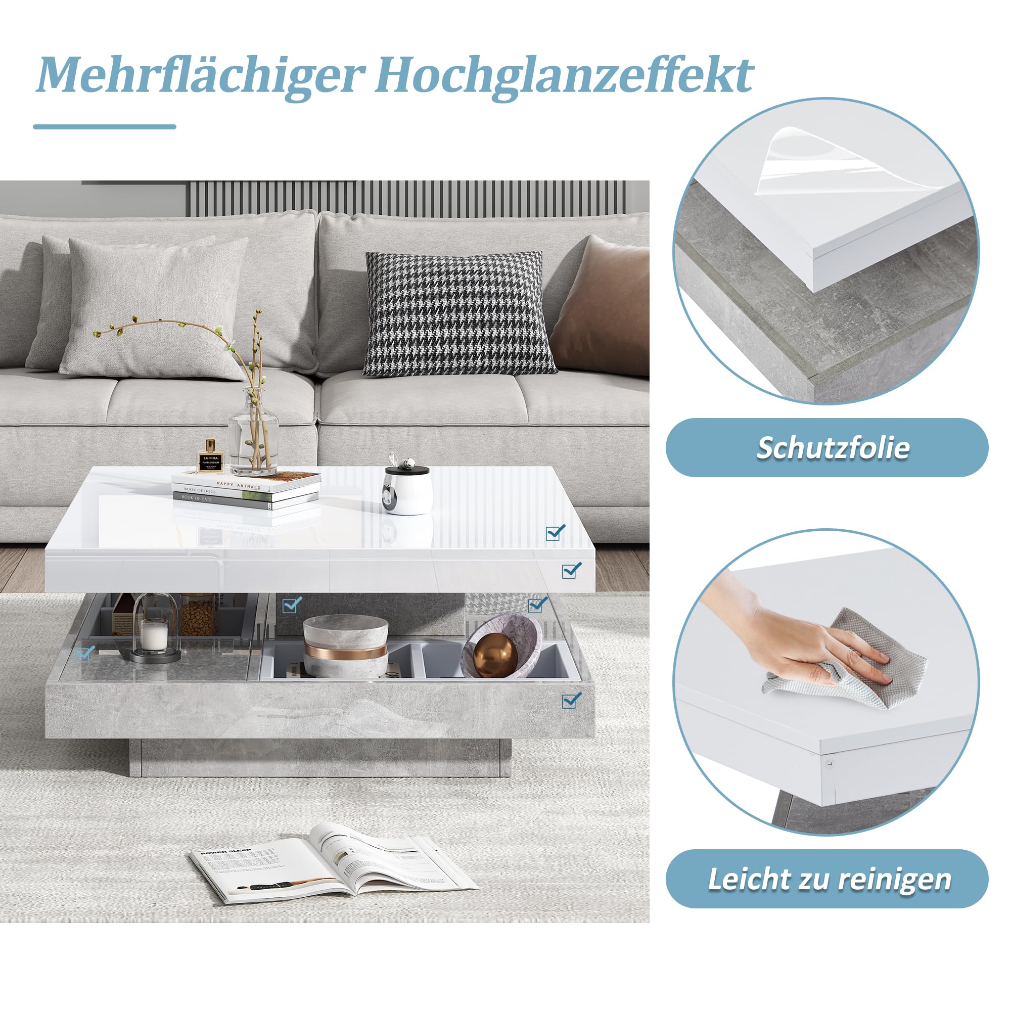 Merax Couchtisch quadratische mit Drehbarer Schreibtisch, Moderner Wohnzimmertisch mit verstecktem Ablagefach, kreativer Sofatisch Kaffeetisch Beistelltisch Mitteltisch für Home Office, Weiß & Marmor