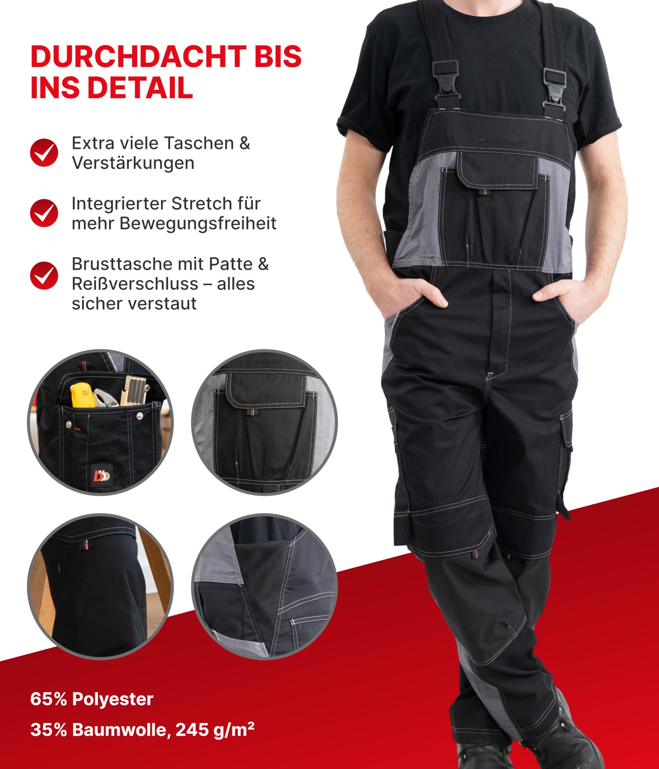 beb™ Latzhose – Komfortable und robuste Arbeitslatzhose mit Cordura Knieverstärkung – Ideal für Industrie & Handwerker – Industriewäschegeeignet - Vielseitige Taschenlösungen – Designed in Germany