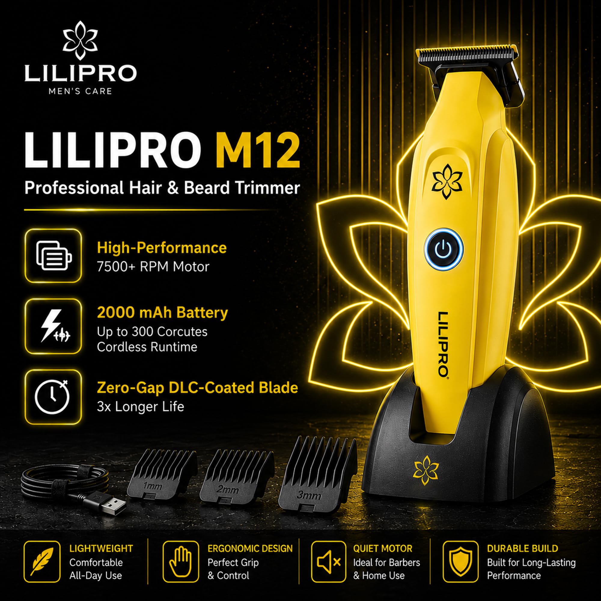 M12 Profi Herren Haarschneider & Barttrimmer | Professional Hair & Beard Trimmer – Zero-Gap DLC-T-Blade, 7500+ RPM, Kabellos, USB-C, 2000 mAh Akku, Leise & Präzise, Für Barber & Zuhause (Gelb)