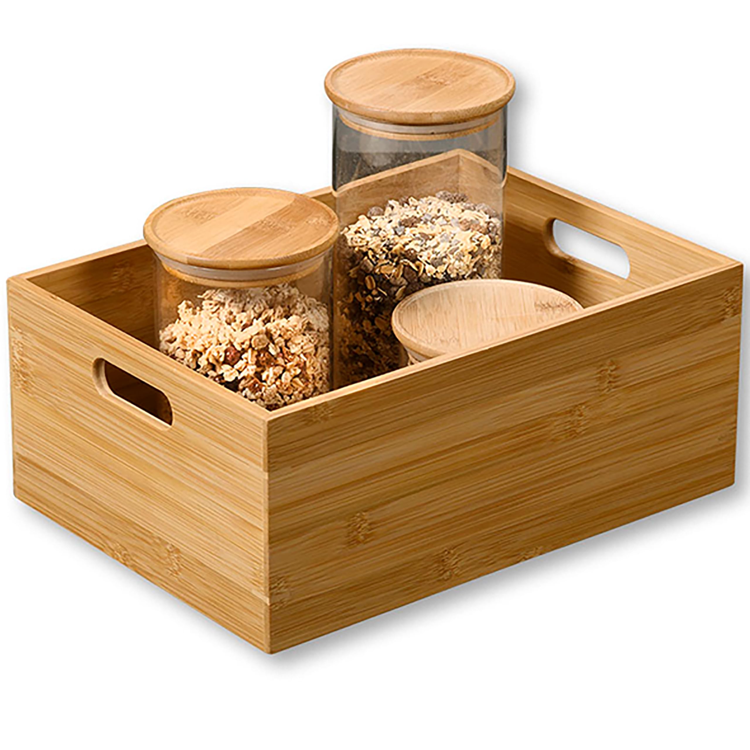 Promosyonca Bambu Organizer Kutusu 2'li Set, Doğal Bambu Saklama Kutuları, Tutma Kulplu, Çok Amaçlı Düzenleyici, 31x21.5x10.5 cm ve 28x16.5x10.5 cm