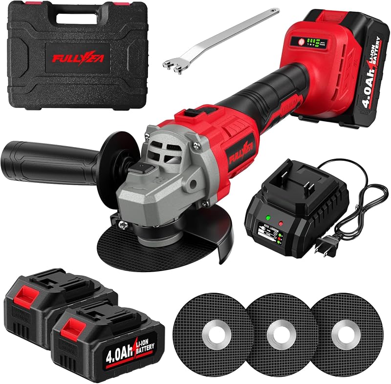 FULLYEA Cordless Angle Grinder 4-1/2 inch, 12000 RPM Brushless Metal Grinder Power Tools with 2x4.0Ah Battery, 3 Variable Speeds Angle Grinder with Auxiliary Handle for Cutting Grinding Polishing