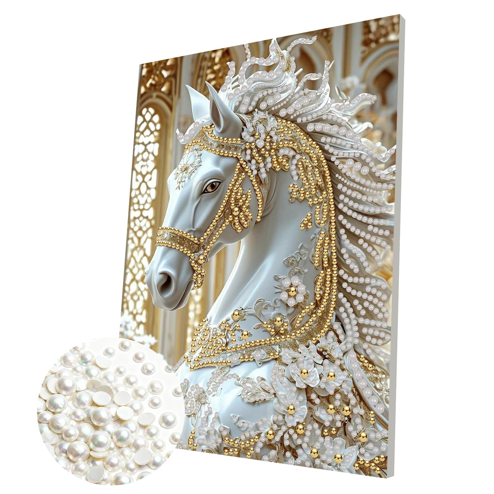 DIY Pearl Painting Kit with Wooden Frame, 3D Plastic Pearl Gemstone Ocean Art Craft for Adults Beginners, Diamond Art Kits for Adults, Home Wall Decor Ready Gift for Women(Horse)(30 * 40cm)