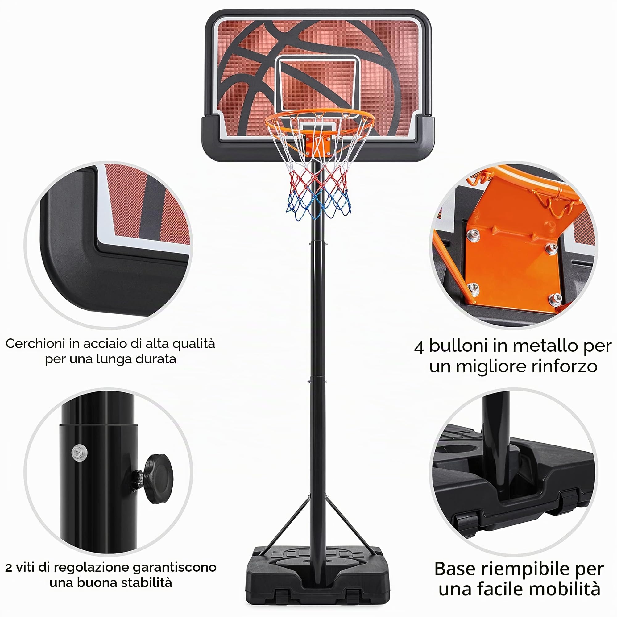 Yaheetech Canestro da Basket con Tabellone Cerchio Regolabile 233-308 cm da Interno/Esterno in HDPE e Metallo con Ruote Nero/Arancione