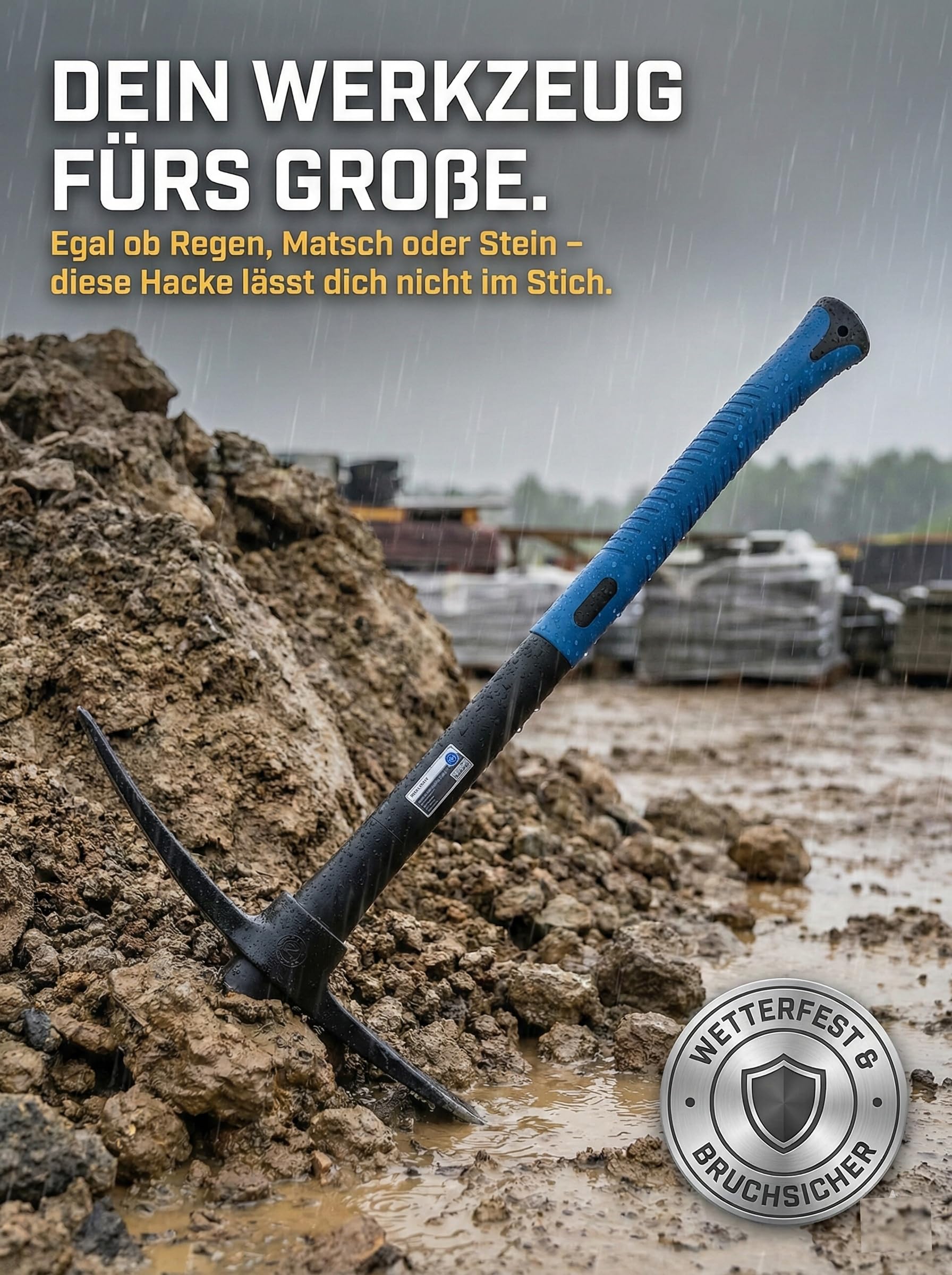 Kreuzhacke 1,5 kg mit Fiberglasstiel (90 cm) – Robuster 65MN Stahlkopf – Ergonomisch, rutschfest & Bruchsicher – Profi Garten- & Bauwerkzeug für Harte Erdarbeiten