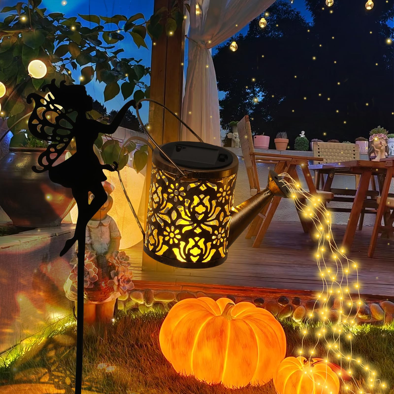 Qinglang Warm Light Solar Watering Can With Moon Fairy Light Garden Decor Solar Elf Butterfly Garden Lights Waterproof Gardens Ornaments Outdoor Decorations For Pathway Lawn Patio Courtyard(Warm Light)