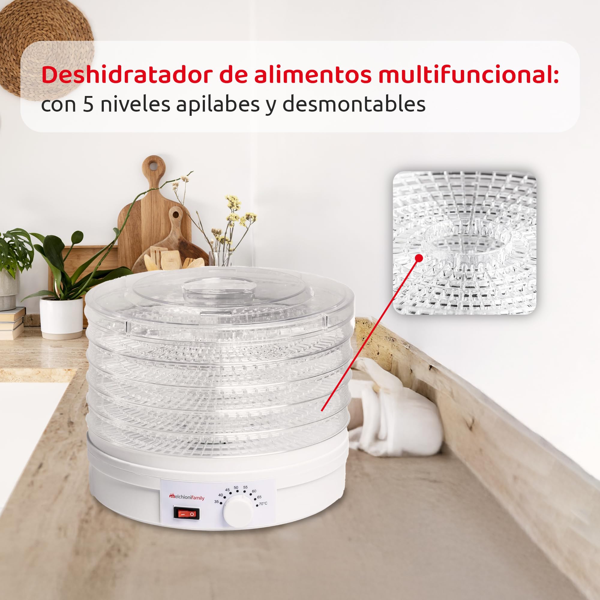 Melchioni Family | Deshidratador Eléctrico BABELE, Deshidratador de Alimentos Multiusos, 5 Bandejas Apilables y Extraíbles, Potencia 250W, Temperatura Regulable 40–70°C