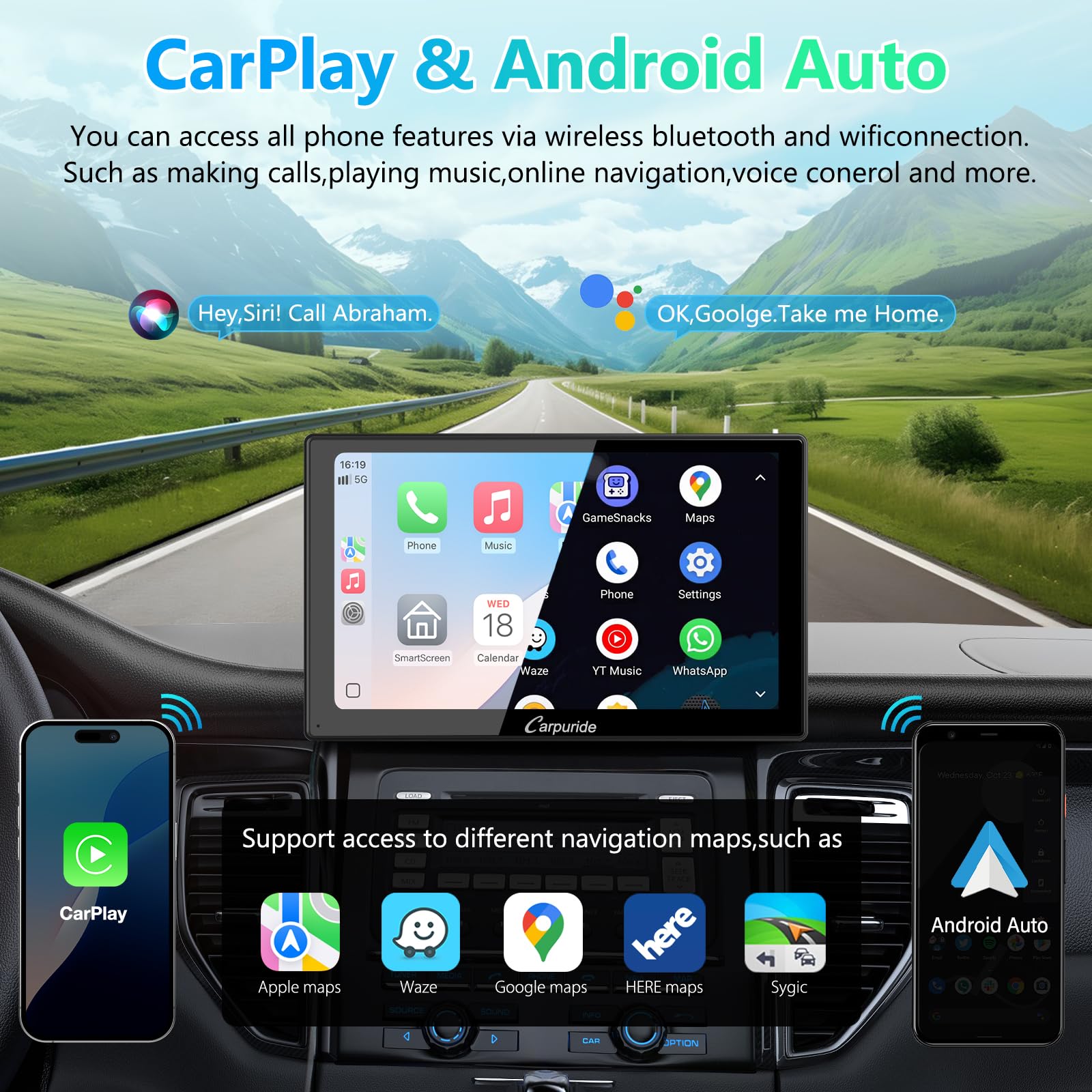Carpuride V9 - Estéreo portátil para Coche, inalámbrico Carplay y Android Auto, Radio de Pantalla táctil HD 1080P de 9 Pulgadas con BT 5.0, Enlace de Espejo, Soporte de Sentido de luz, Soporte