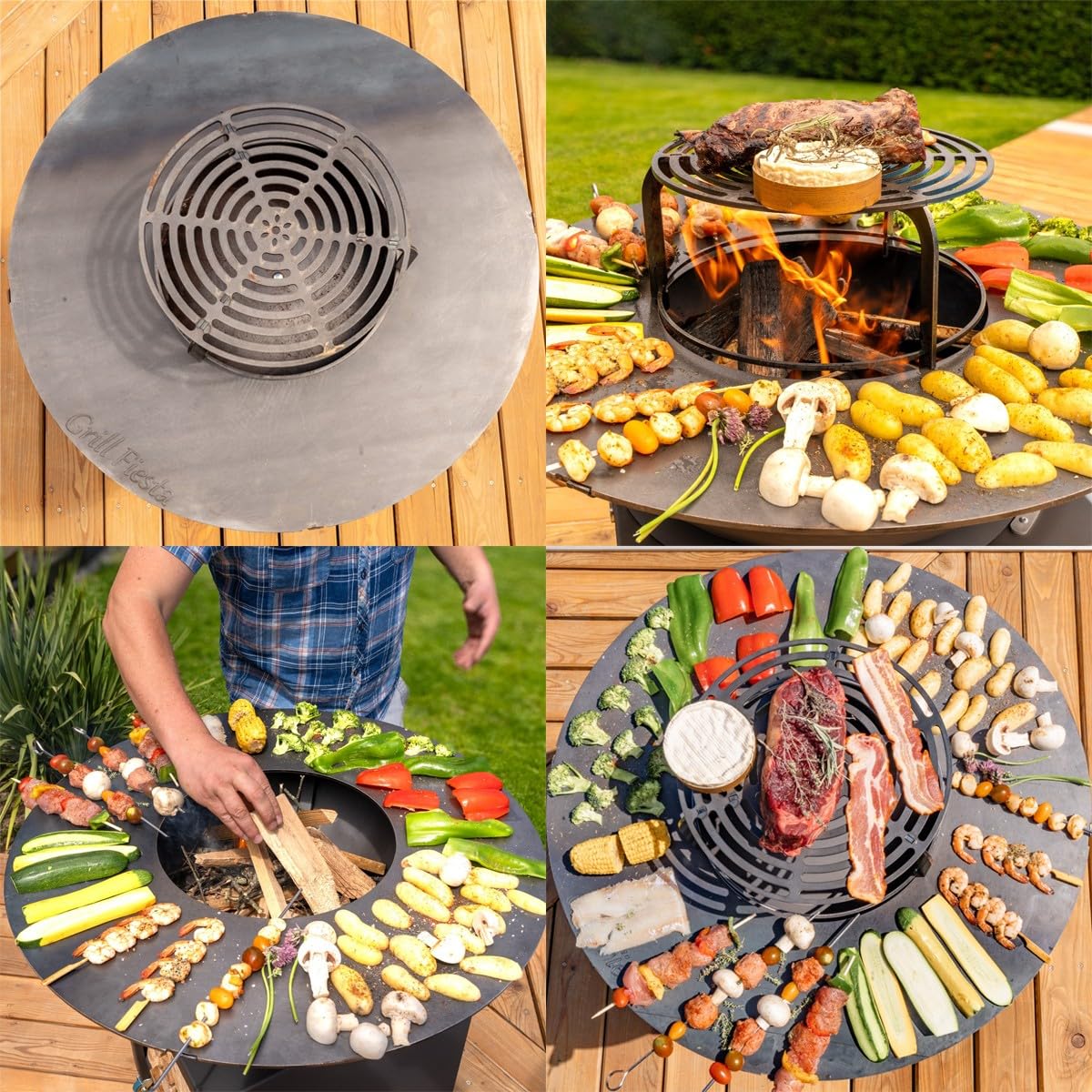 Mon Mobilier Design Fiesta Brasero Haut avec Plaque et Grille Amovible en Acier Barbecue plancha extérieur Ø 75 cm