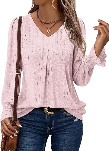 KISSMODA Long Sleeve Fall Shirts For Women V Neck Tunic Tops Embroidered Button Down Knitted Blouses 2025
