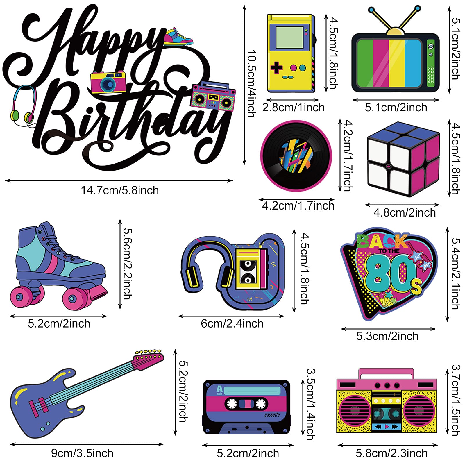 Outus 51 Pcs 80s Cake Topper Retro Cake Decorations 80s Cupcake Toppers for Party Supplies