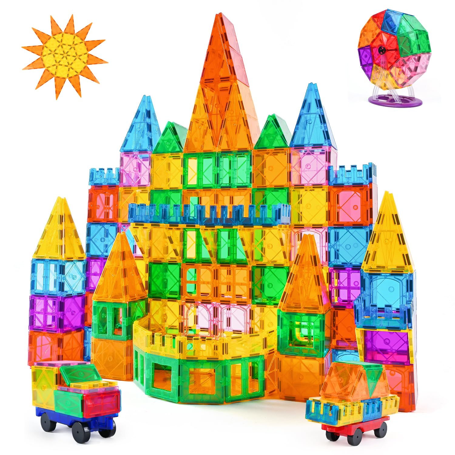 CUIOLTOY Construcciones Magneticas Niños, 121 Piezas Fuertes Bloques Magneticos Construccion para Niños de 3 4 5 6 años, Juego Imanes Niños con 1 Noria y 2 Coches