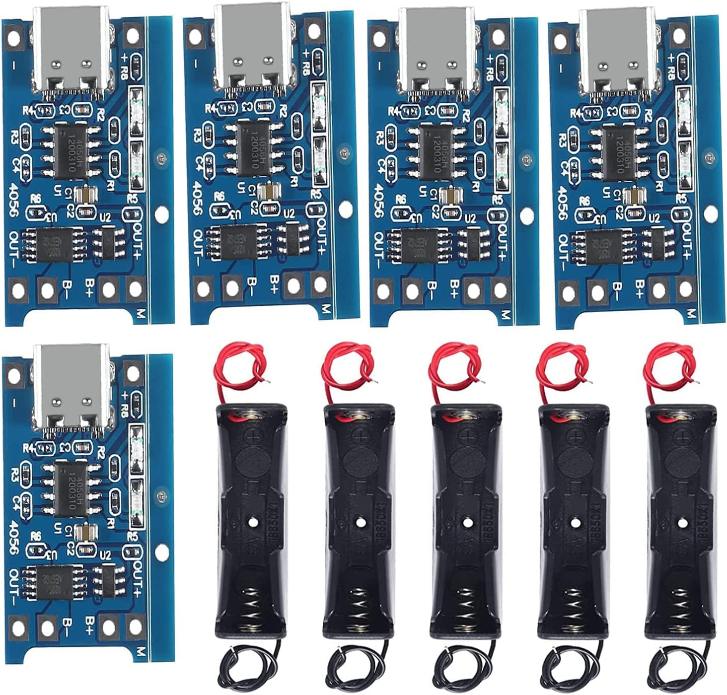 IDUINO 5pcs TP4056 Module Type C USB Lithium Battery Module Board BMS 5V 1A Li-ion Micro USB Charge Module Protection with 5pcs 3.7V 1 Slots 18650 Battery Holder Bundle with Wire-image-26