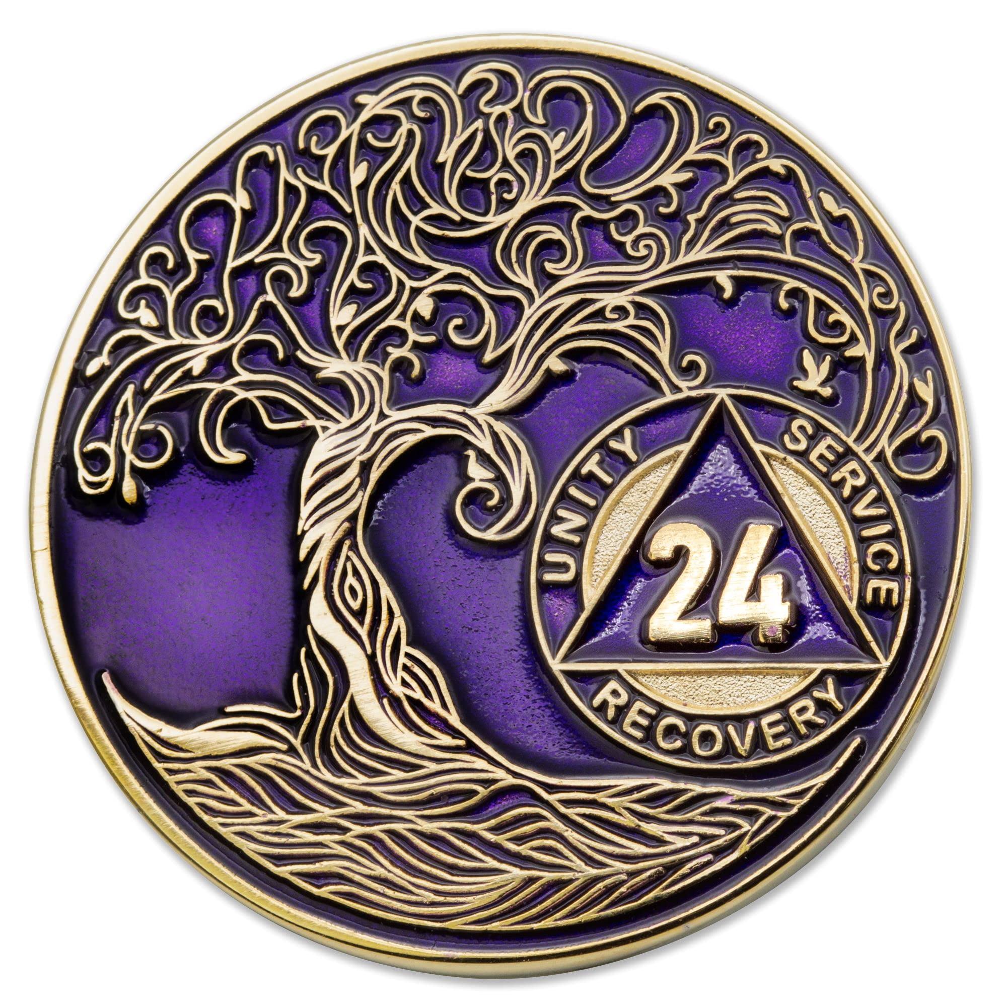 1 to 50 Year Twisted Tree of Life Sobriety Coin - Gold Plated AA Chips &amp; Medallions - 24 Year Sobriety Coin - Purple