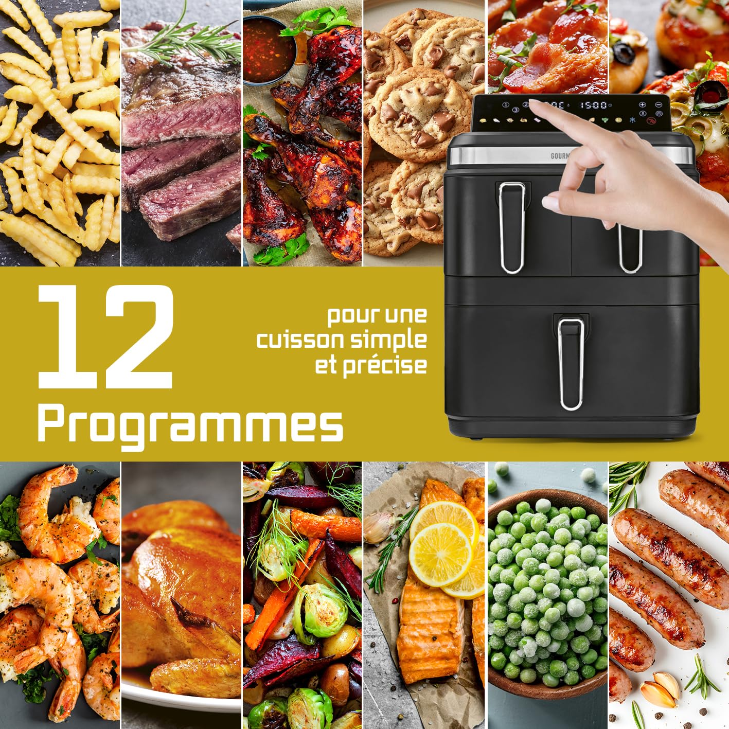 GOURMETmaxx FryUp3 Friteuse à air chaud verticale 3 chambres | Friteuse à air chaud XXL 17 litres | Airfryer avec écran tactile pliable multicolore | Friteuse à air pour 12 personnes | 12 programmes