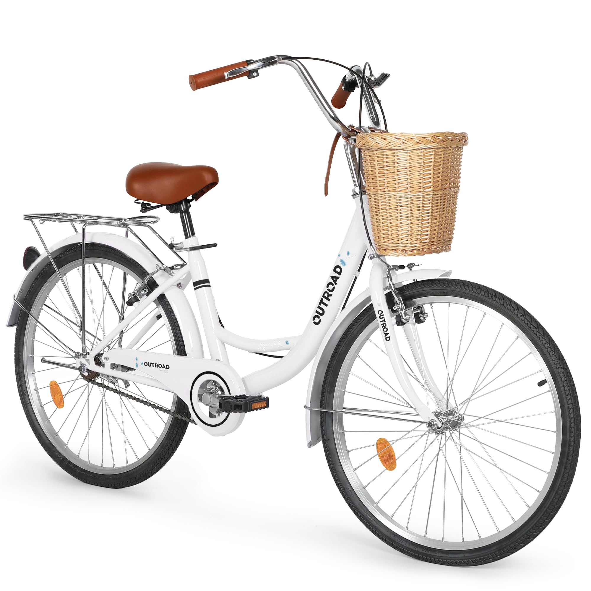 Beach Cruiser Bike for Women and Men, 24 26 inch Female Commuter Bicycle with Basket, 1 Speed Womens Bike with Rear Rack/High-Carbon Steel/Front & Rear Fenders, Multi Color