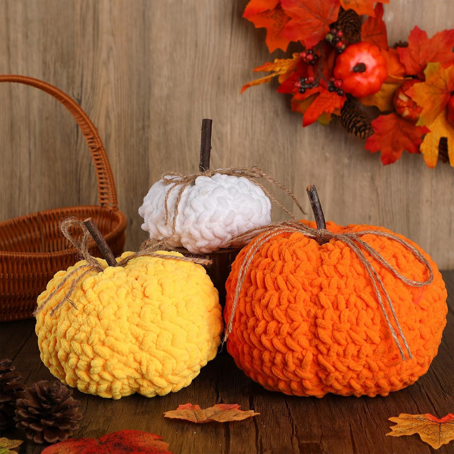 Weysat 3 Pcs Fall Crochet Pumpkin Knit Pumpkins Decor Thanksgiving Knit Crochet Faux Pumpkin Chunky Chenille Yarn Decoration for Farmhouse Thanksgiving Autumn Harvest Table Centerpiece Kitchen Decor