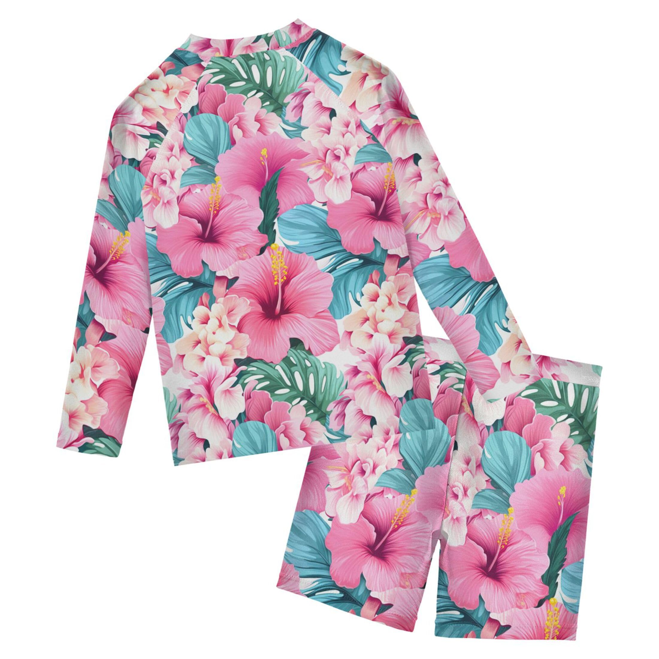 Pink Flowers Summer Baby Boys' Toddler Long Sleeved Rashguard Swim Bathing Suit Set B0403726